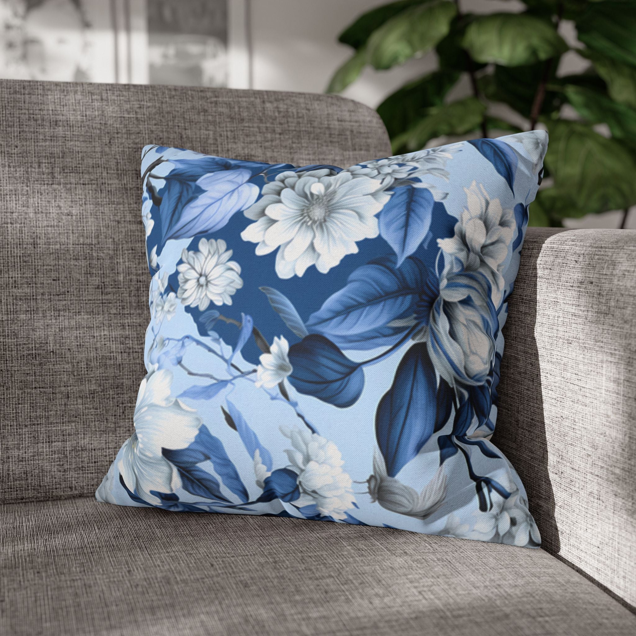 Blue Floral Pillow Cover | Vintage Botanical Double-Sided Cushion Case | Soft Polyester Home Decor