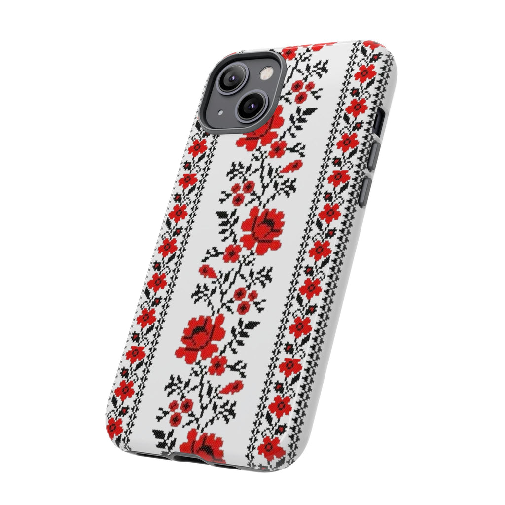 BLUESKYDEZIGN | Ukrainian Embroidery iPhone Case – Red & Black Folk Pattern Protective Tough Cover