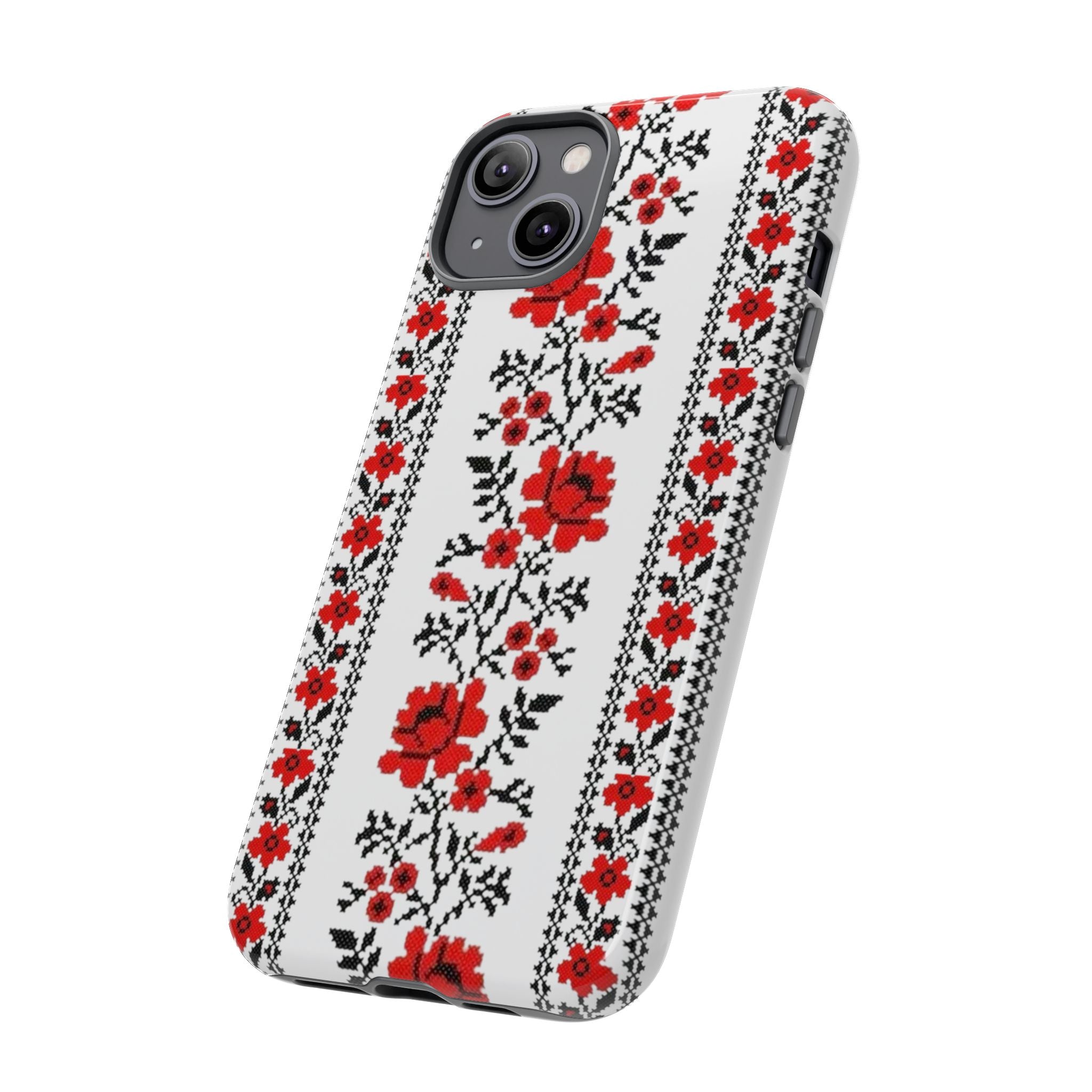 BLUESKYDEZIGN | Ukrainian Embroidery iPhone Case – Red & Black Folk Pattern Protective Tough Cover
