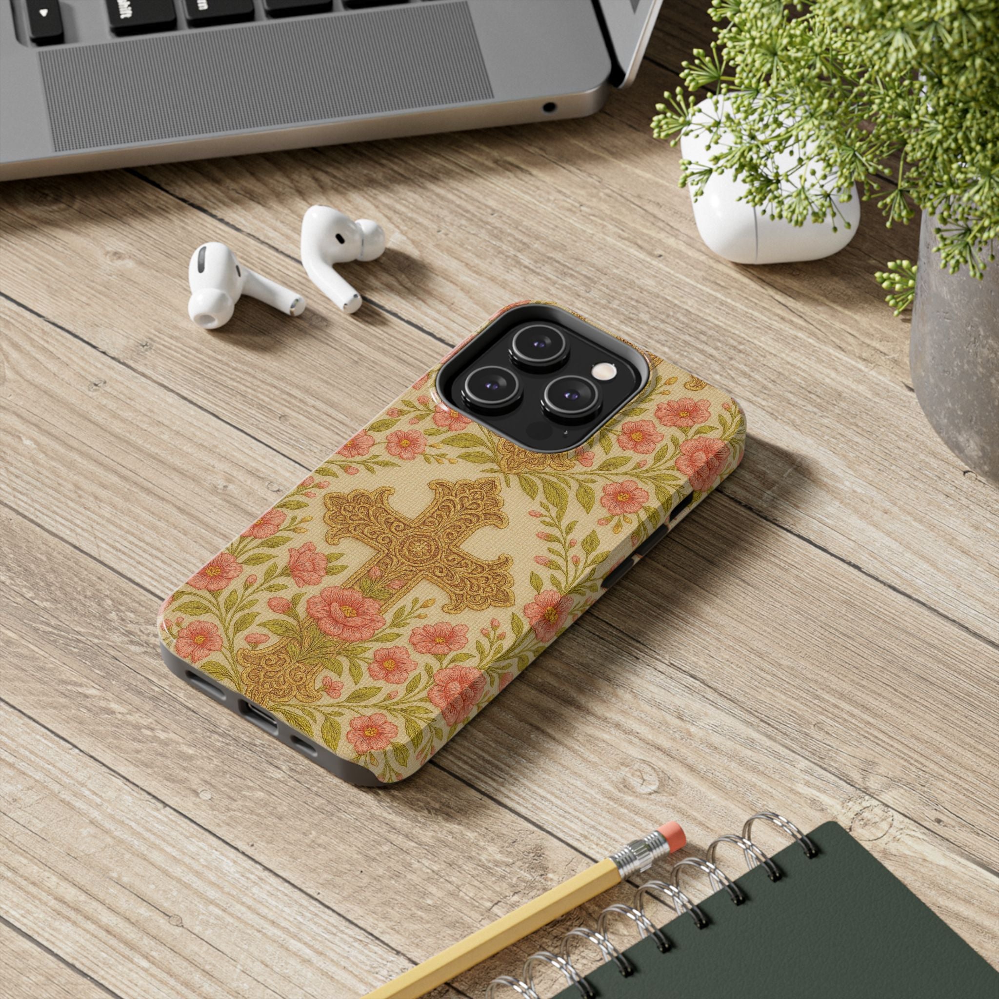 BLUESKYDEZIGN | Blessed Home Phone Case | Floral Cross Vintage Rose iPhone Cover | Christian Faith Gift for Her