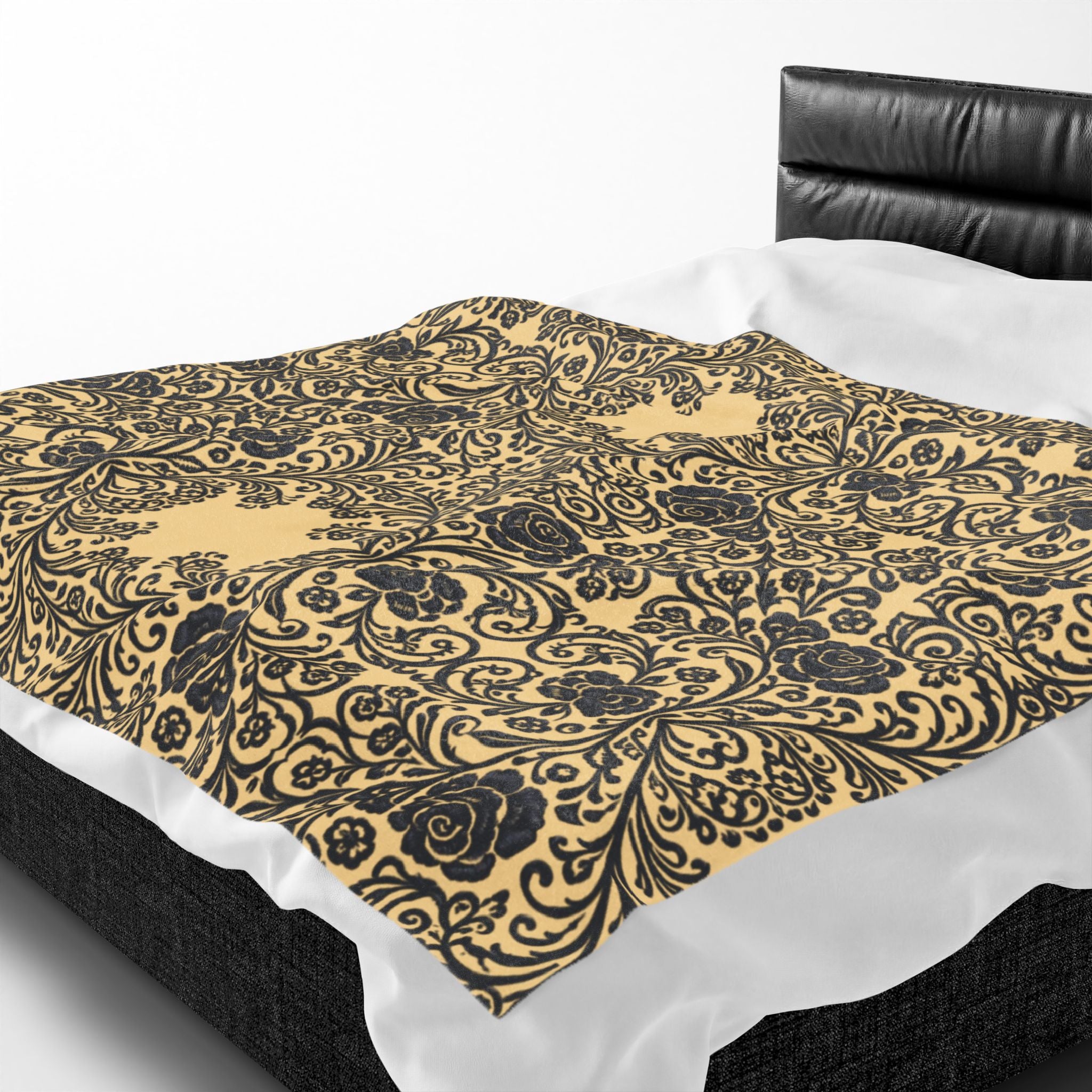 Velveteen Plush Blanket | Vintage Baroque Damask Gold Throw | BLUESKYDEZIGN
