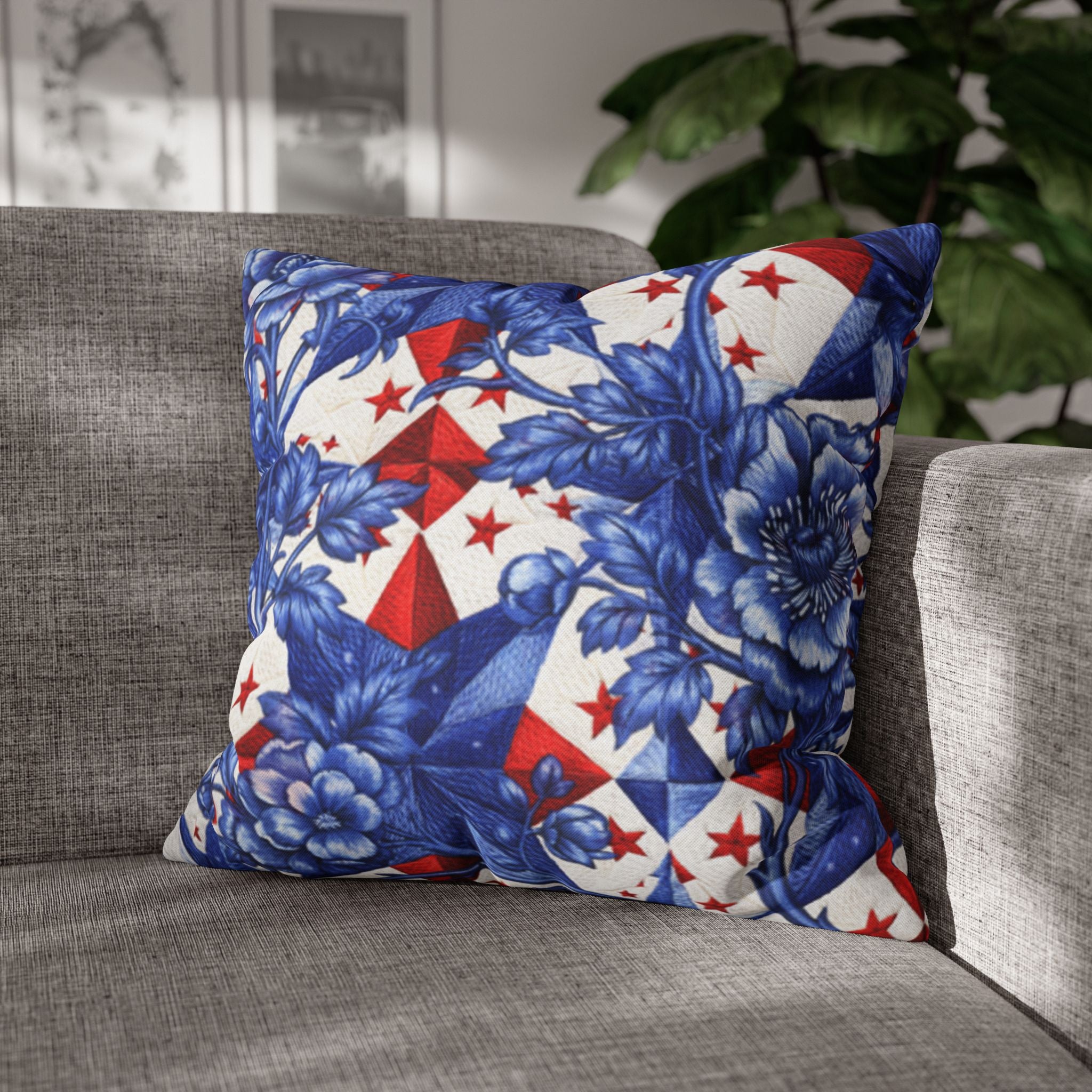 America 250th Anniversary Pillowcase - Patriotic Blue & Red Kaleidoscope Toile Floral Throw Pillow Cover
