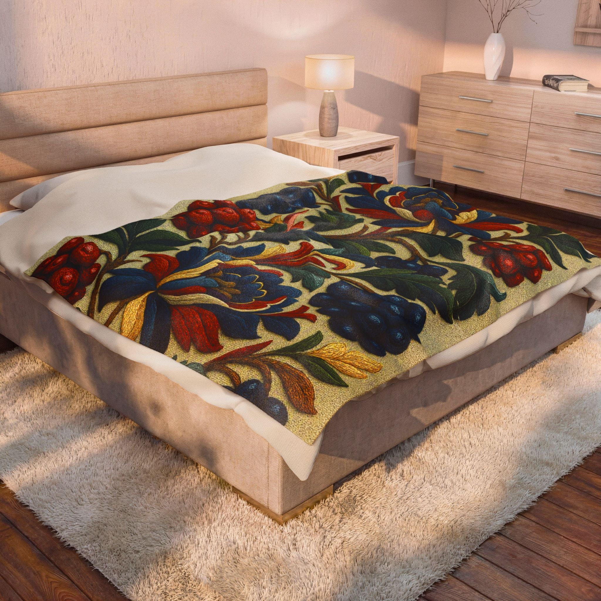 BLUESKYDEZIGN | Petrykivka Bloom Velveteen Blanket | Ukrainian Folk Art Floral Throw | Vintage Botanical Plush | Cottagecore Gift