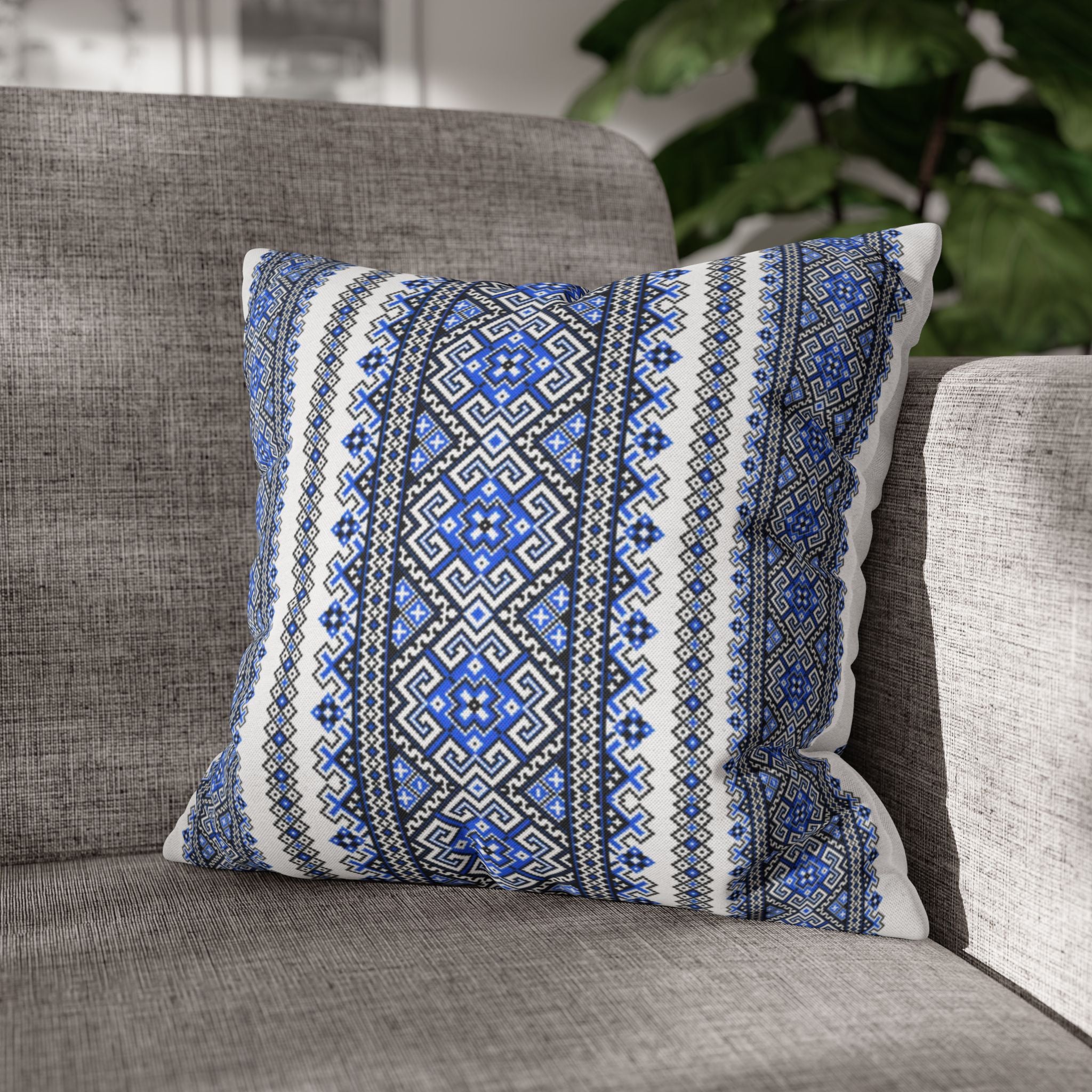 Stasia Blue Pillow Cover | Ukrainian Folk Floral Art | Indigo Geometric Cushion Cover