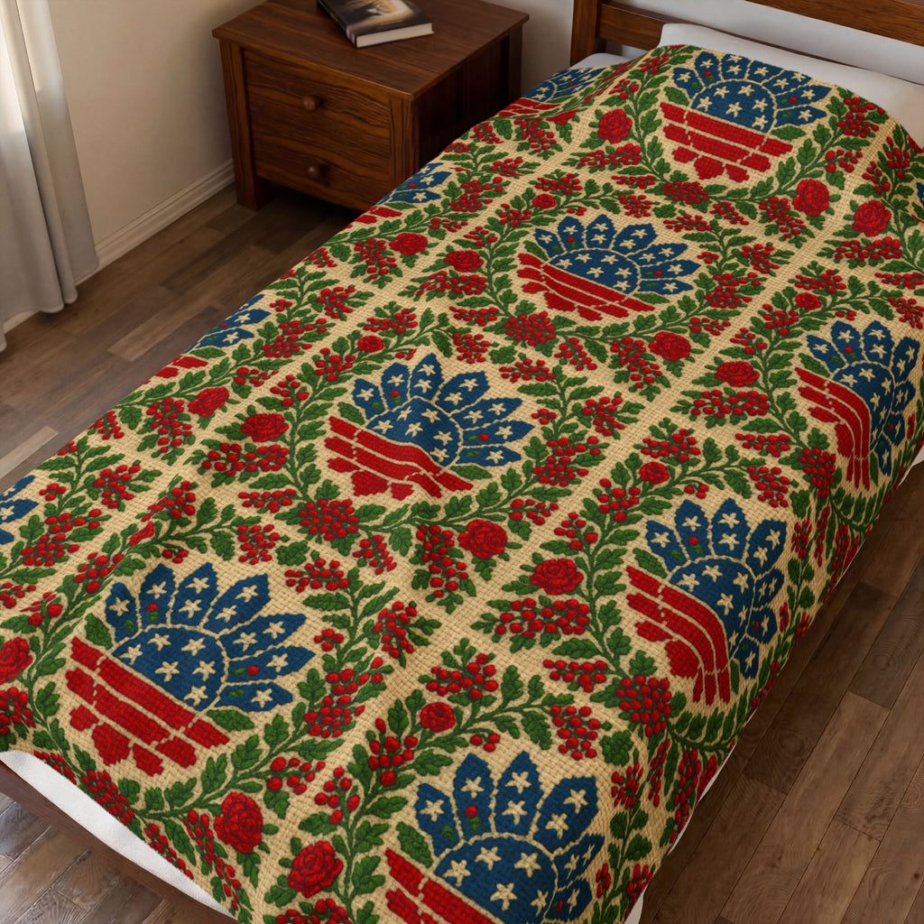 America 250 Velveteen Plush Blanket | Patriotic Folk Floral Throw | 1776–2026 Anniversary Gift