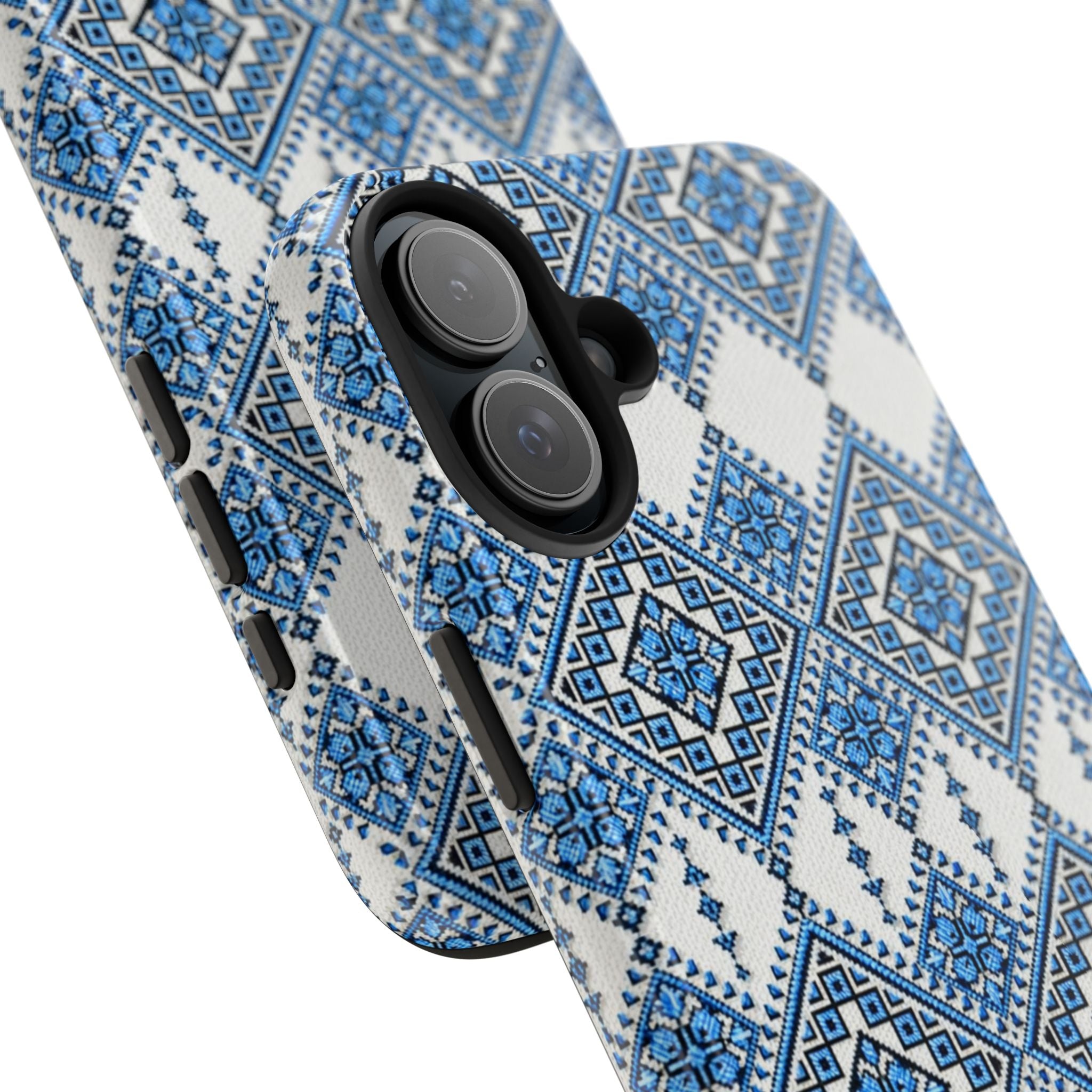 Blue Sky Folk Art tough phone case with Ukrainian heritage geometric embroidery pattern — striking blue folk motifs in textile-like 3D wrap design, dual-layer shockproof iPhone cover in glossy or matte finish

