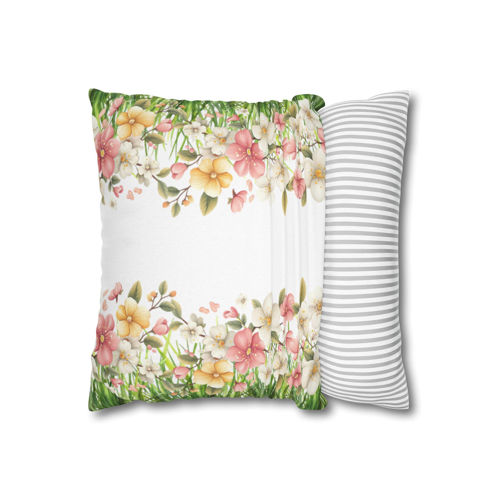 Spring Floral Pillowcase 1piece, Polyester Cushion Cover, Green Grass Border with Pink  White Flowers, Spring Home Decor