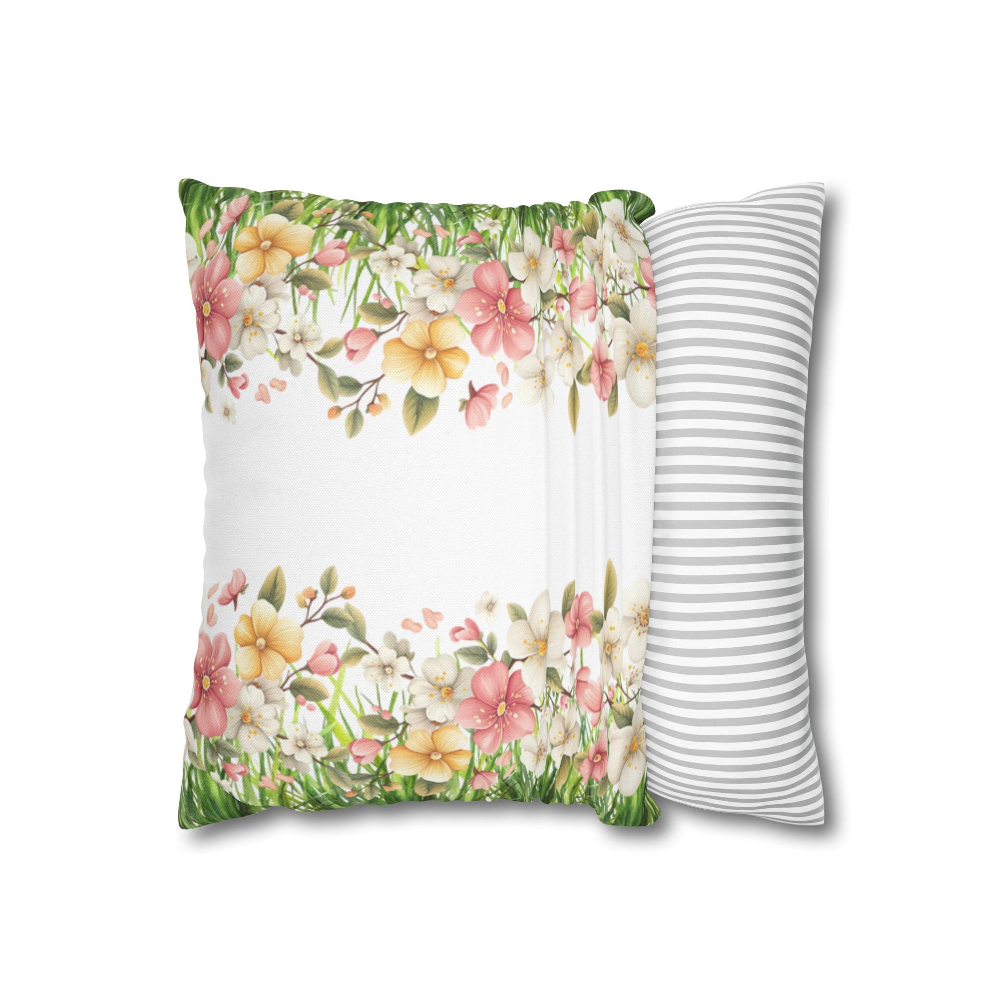 Spring Floral Pillowcase 1piece, Polyester Cushion Cover, Green Grass Border with Pink  White Flowers, Spring Home Decor