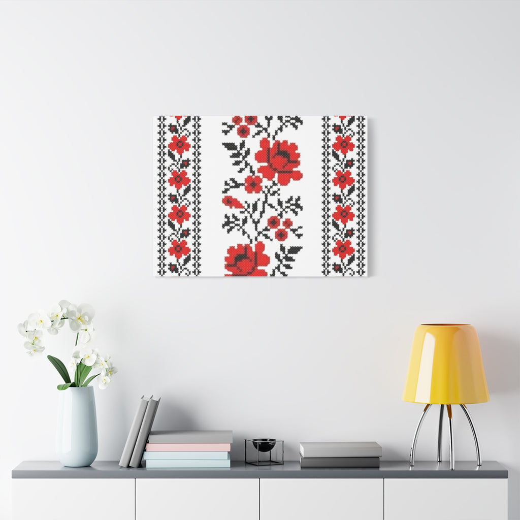 Ukrainian Embroidery Wall Art, Red Black Folk Floral Pattern, Traditional Slavic Home Decor Canvas for Living Room or Entryway, Matte Print, Stretched 1.25" Ready to Hang