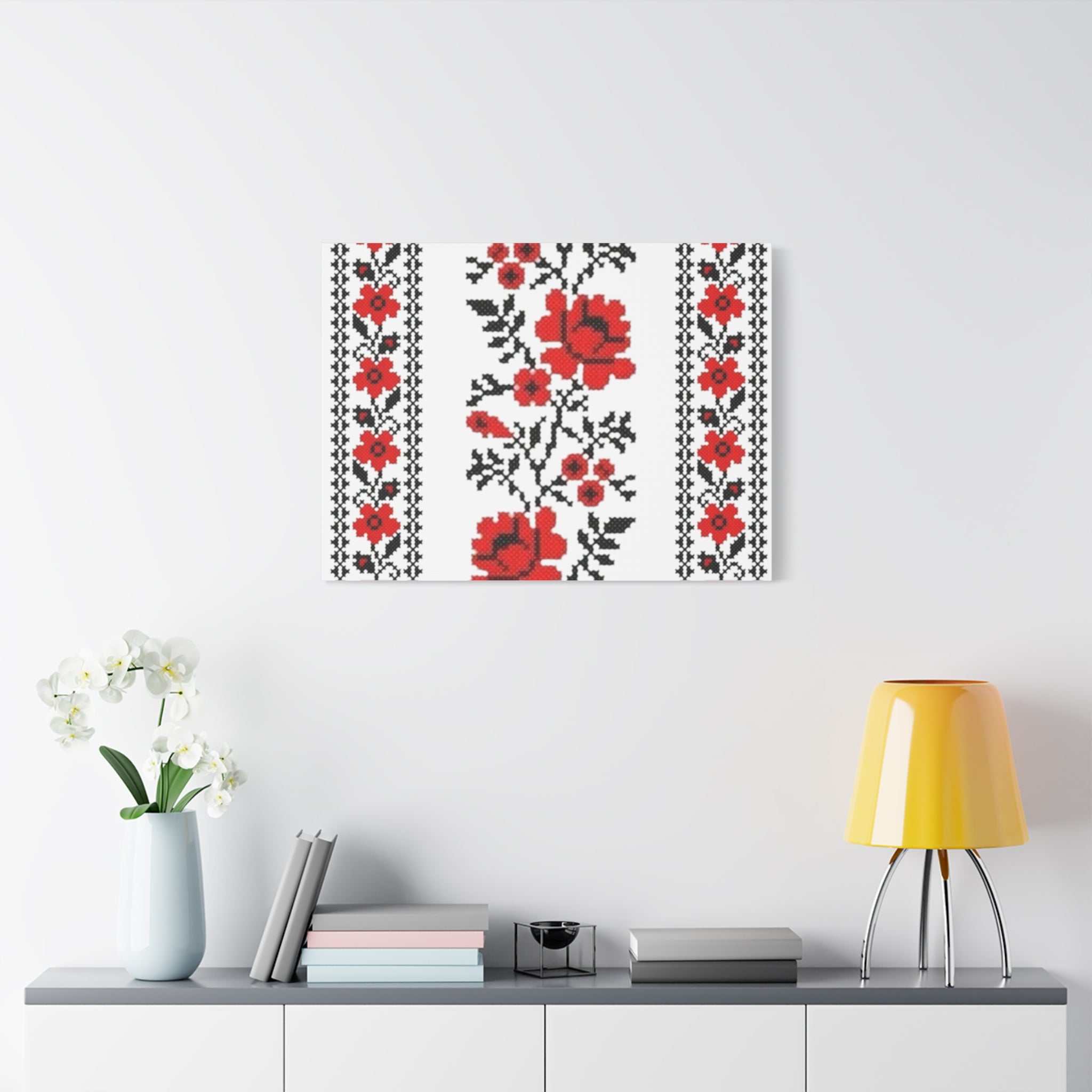 Ukrainian Embroidery Wall Art, Red Black Folk Floral Pattern, Traditional Slavic Home Decor Canvas for Living Room or Entryway, Matte Print, Stretched 1.25" Ready to Hang