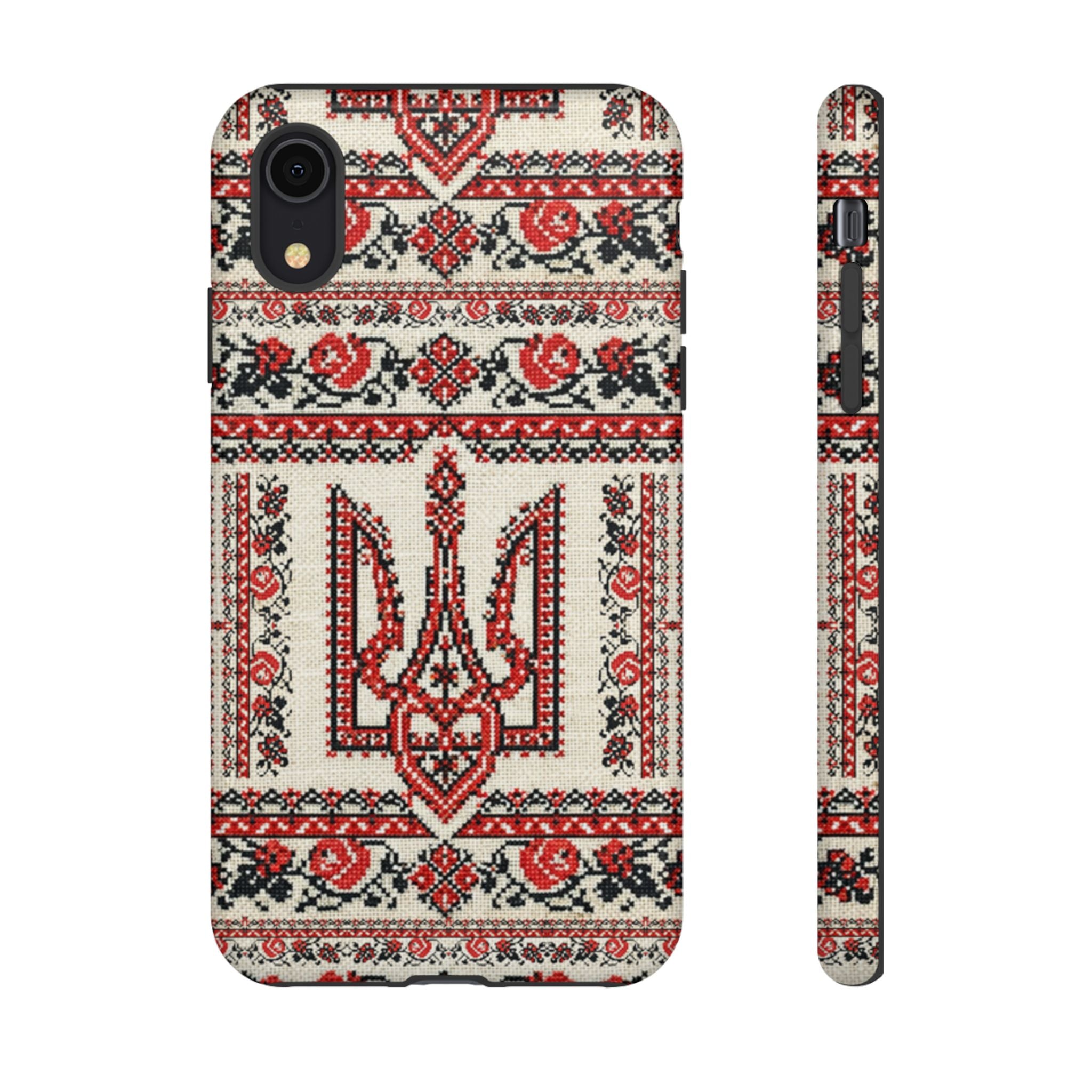 Ukrainian Trident Embroidery Phone Case • Red Black Trident Pattern • Protective Folk Art Cover for iPhone & Samsung
