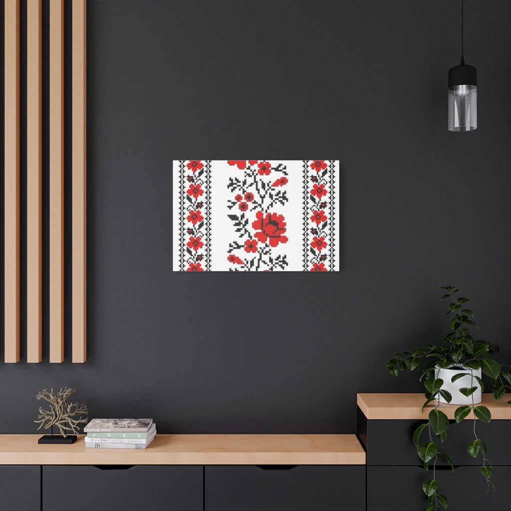 Ukrainian Embroidery Wall Art, Red Black Folk Floral Pattern, Traditional Slavic Home Decor Canvas for Living Room or Entryway, Matte Print, Stretched 1.25" Ready to Hang