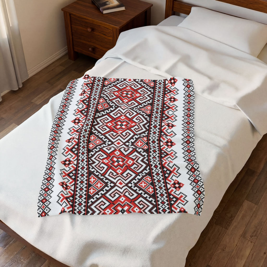 Stasia Red Blanket – Ukrainian Folk Art Velvet Plush Throw, Red & Black Geometric