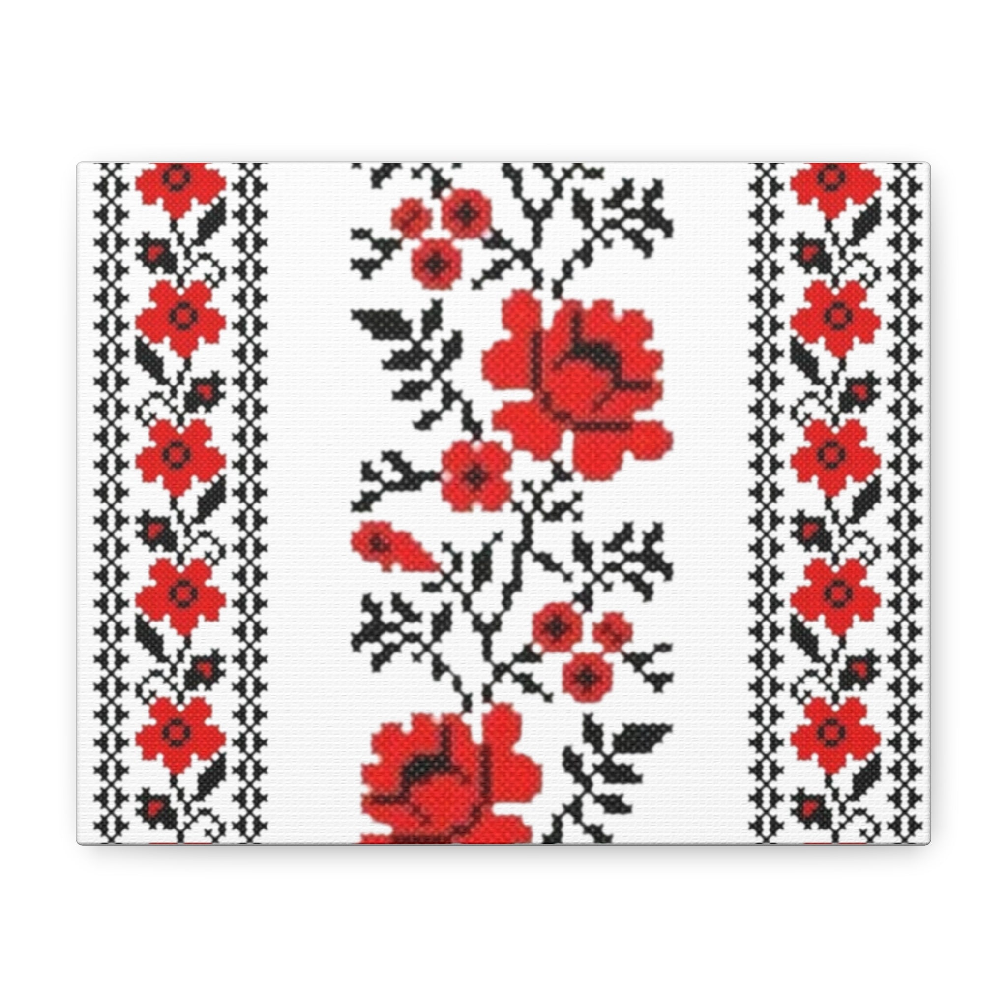 Ukrainian Embroidery Wall Art, Red Black Folk Floral Pattern, Traditional Slavic Home Decor Canvas for Living Room or Entryway, Matte Print, Stretched 1.25" Ready to Hang