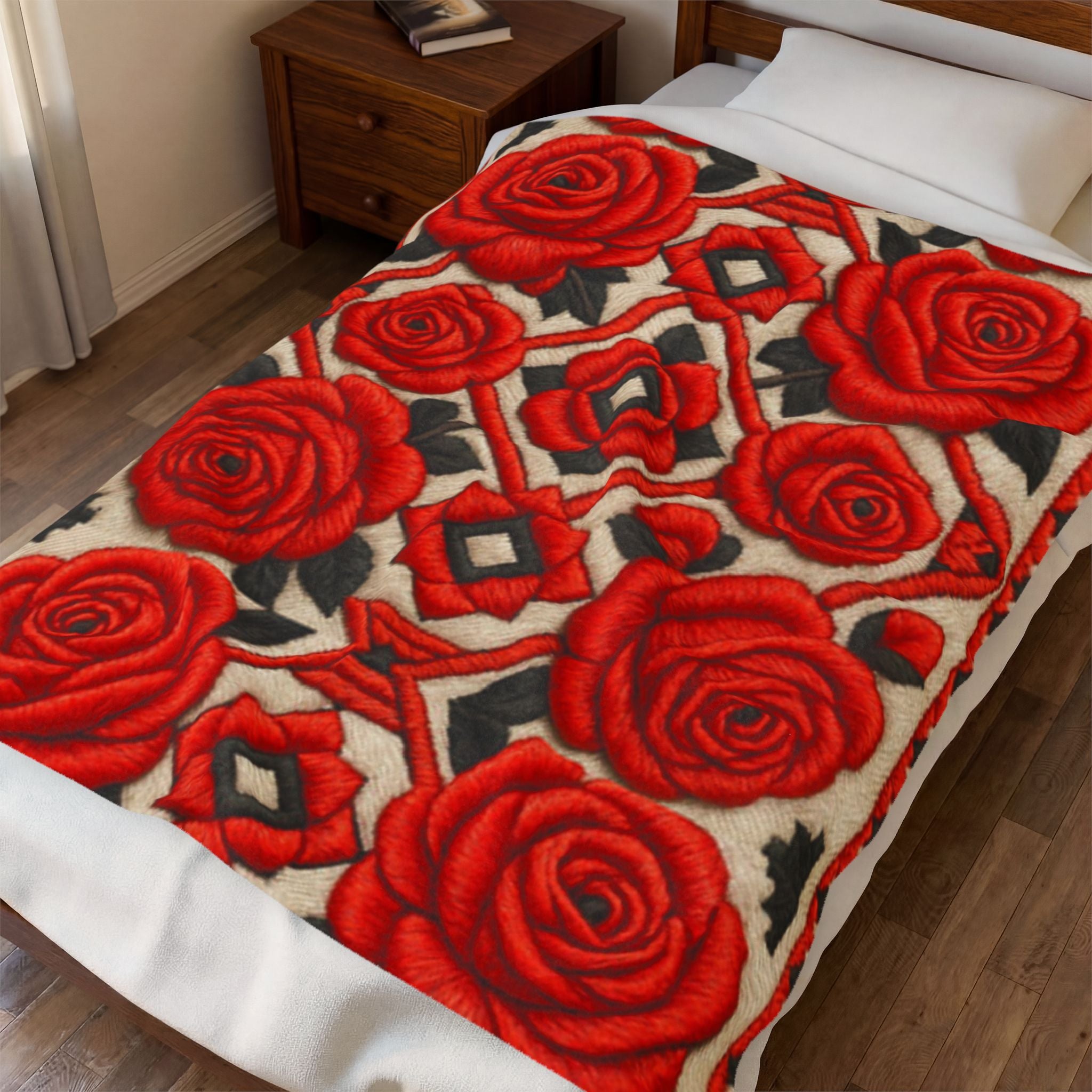 Red Roses Velveteen Plush Blanket | Vintage Floral Throw | Soft Cozy Romantic Bedding Decor