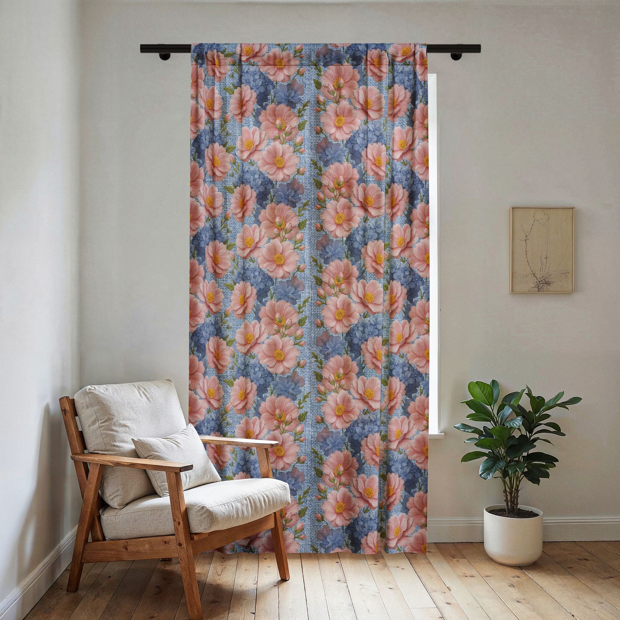 Lightweight sheer window curtain with a peach rose and blue hydrangea floral pattern from the Soft Provence collection, hanging in a bright room next to a wooden chair.