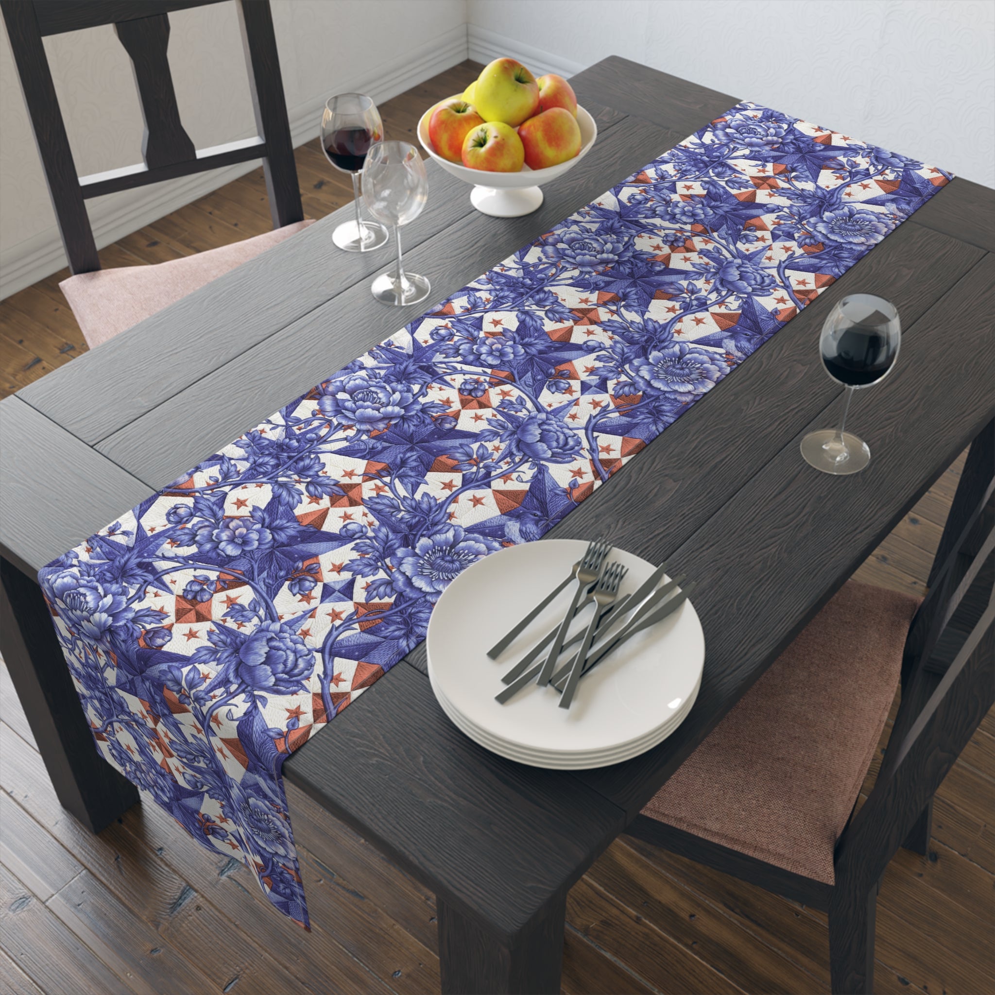 America 250th Anniversary Table Runner - Blue Toile-Inspired Floral & Patriotic Stars Patchwork Decor