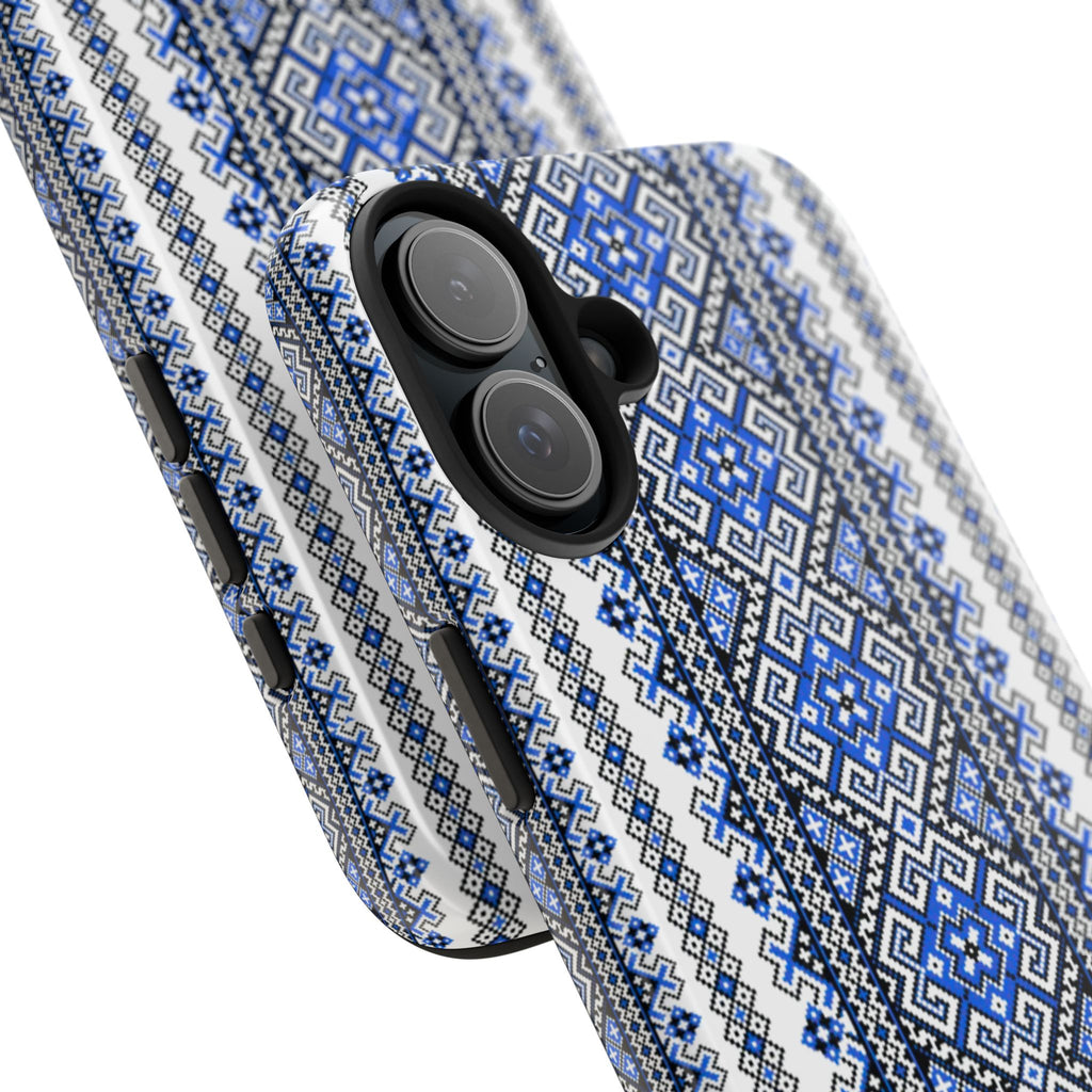 Ukrainian geometric pattern phone case with traditional blue black and white folk design — woven-inspired textile-like 3D wrap print, dual-layer shockproof iPhone cover with UV-protected glossy finish

