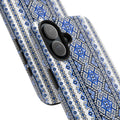 Ukrainian geometric pattern phone case with traditional blue black and white folk design — woven-inspired textile-like 3D wrap print, dual-layer shockproof iPhone cover with UV-protected glossy finish


