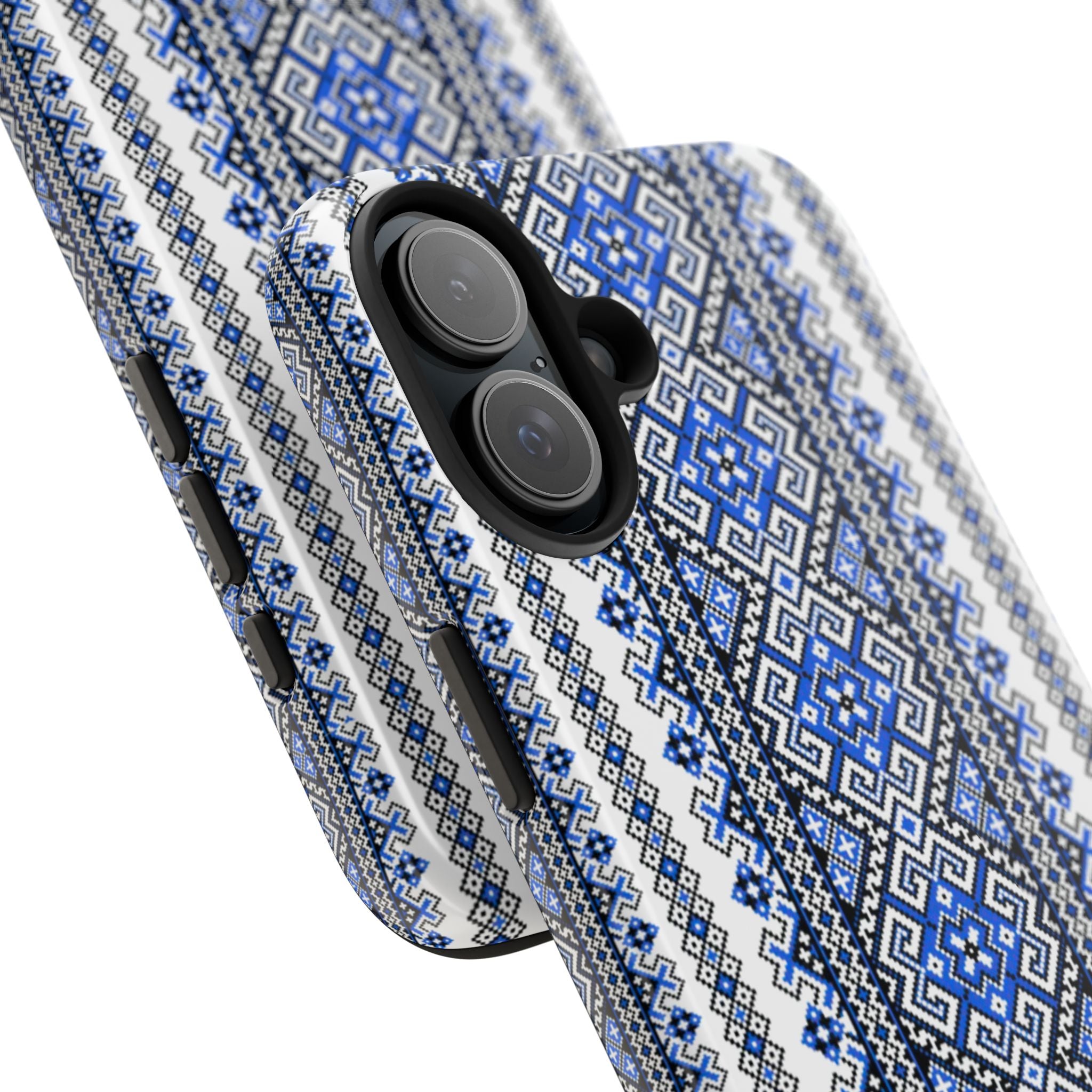 Ukrainian geometric pattern phone case with traditional blue black and white folk design — woven-inspired textile-like 3D wrap print, dual-layer shockproof iPhone cover with UV-protected glossy finish

