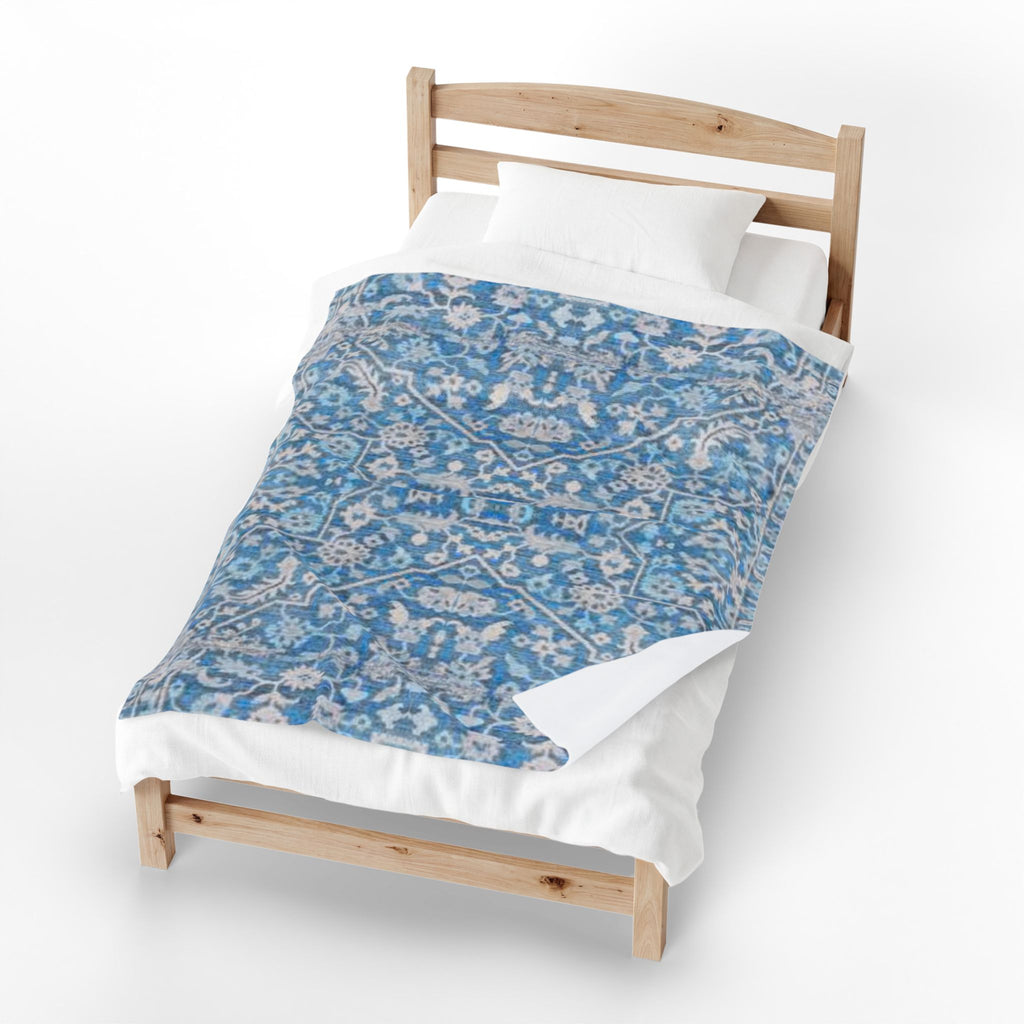 BLUESKYDEZIGN Grandmother's Heritage Velveteen Blanket - Blue Vintage Floral Boho Throw, Modern Rustic