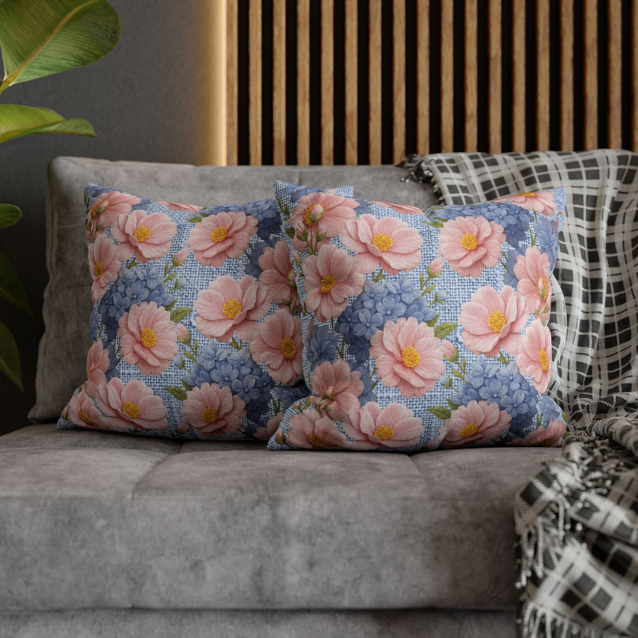 Blush Peony & Blue Hydrangea Pillow Case | Soft Provence Floral Cushion Cover