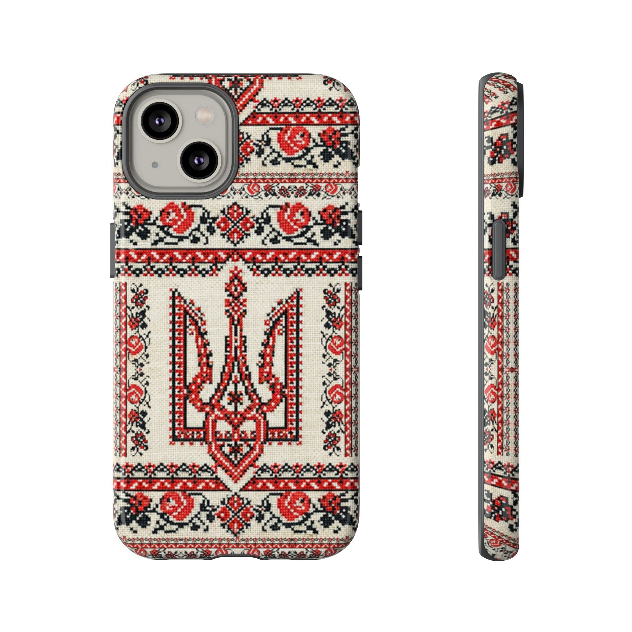 Ukrainian Trident Embroidery Phone Case • Red Black Trident Pattern • Protective Folk Art Cover for iPhone & Samsung