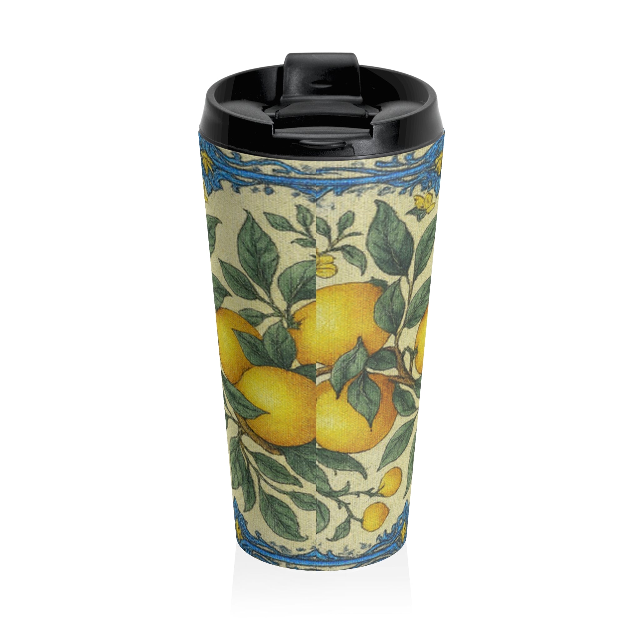 Citrus Riviera Lemon Botanical Travel Mug – 15oz Insulated Stainless Steel Coffee Tumbler | Mediterranean Style