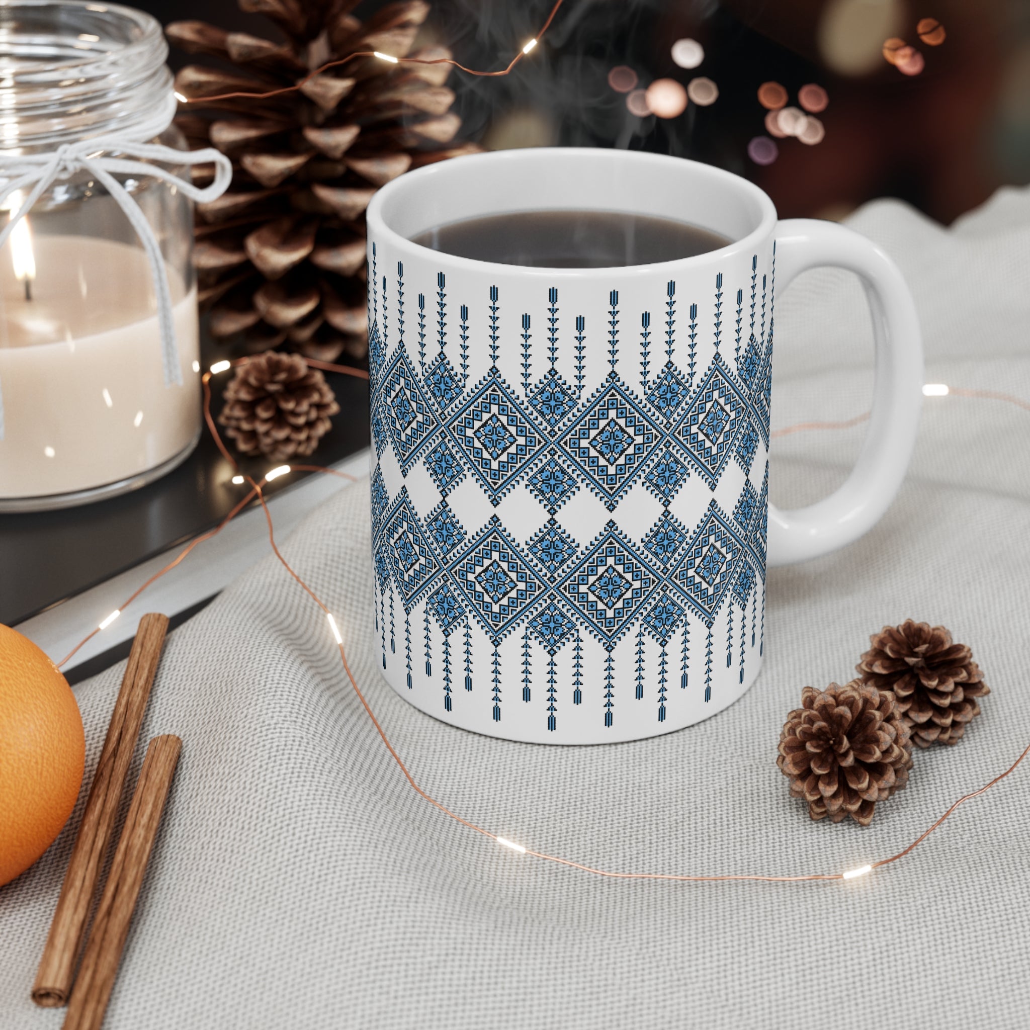 Ukrainian Pattern Mug 11 oz, Blue Folk Design Coffee Cup, Slavic Geometric Print Ceramic Mug