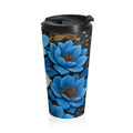 Stainless steel travel mug with the Midnight Symphony design, featuring a vibrant wraparound blue and cream floral pattern on a dark background with a black flip-top lid.