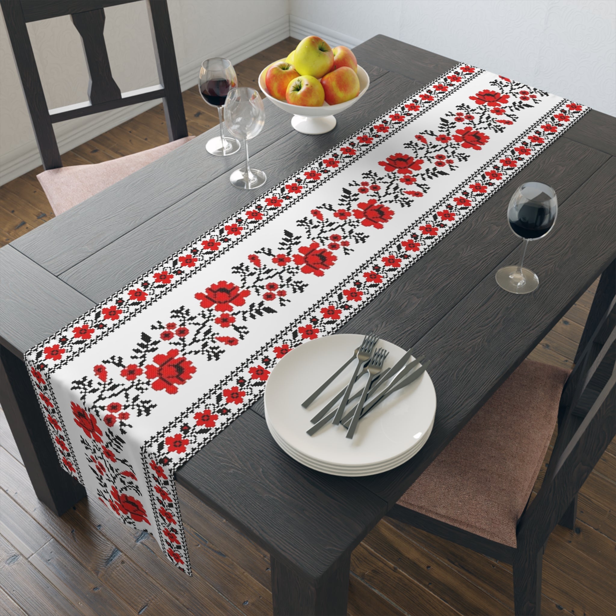 BLUESKYDEZIGN Ukrainian Traditional Table Runner - Red Black Folk Art