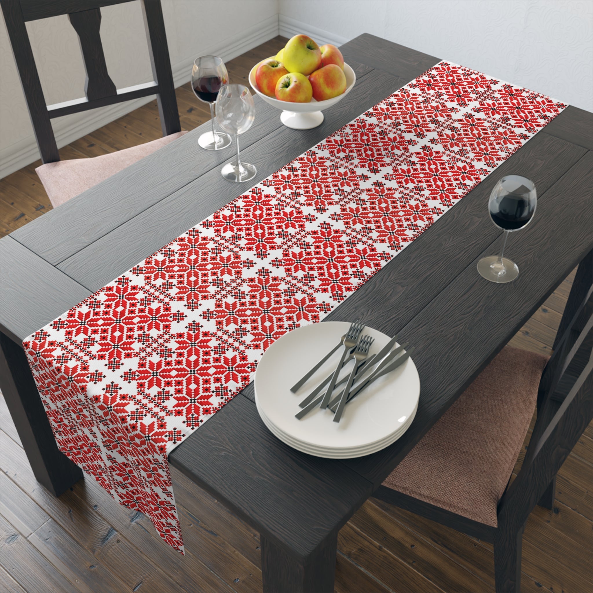 Mariia Red Ukrainian Pattern Table Runner – Traditional Geometric Terracotta & Cream Design