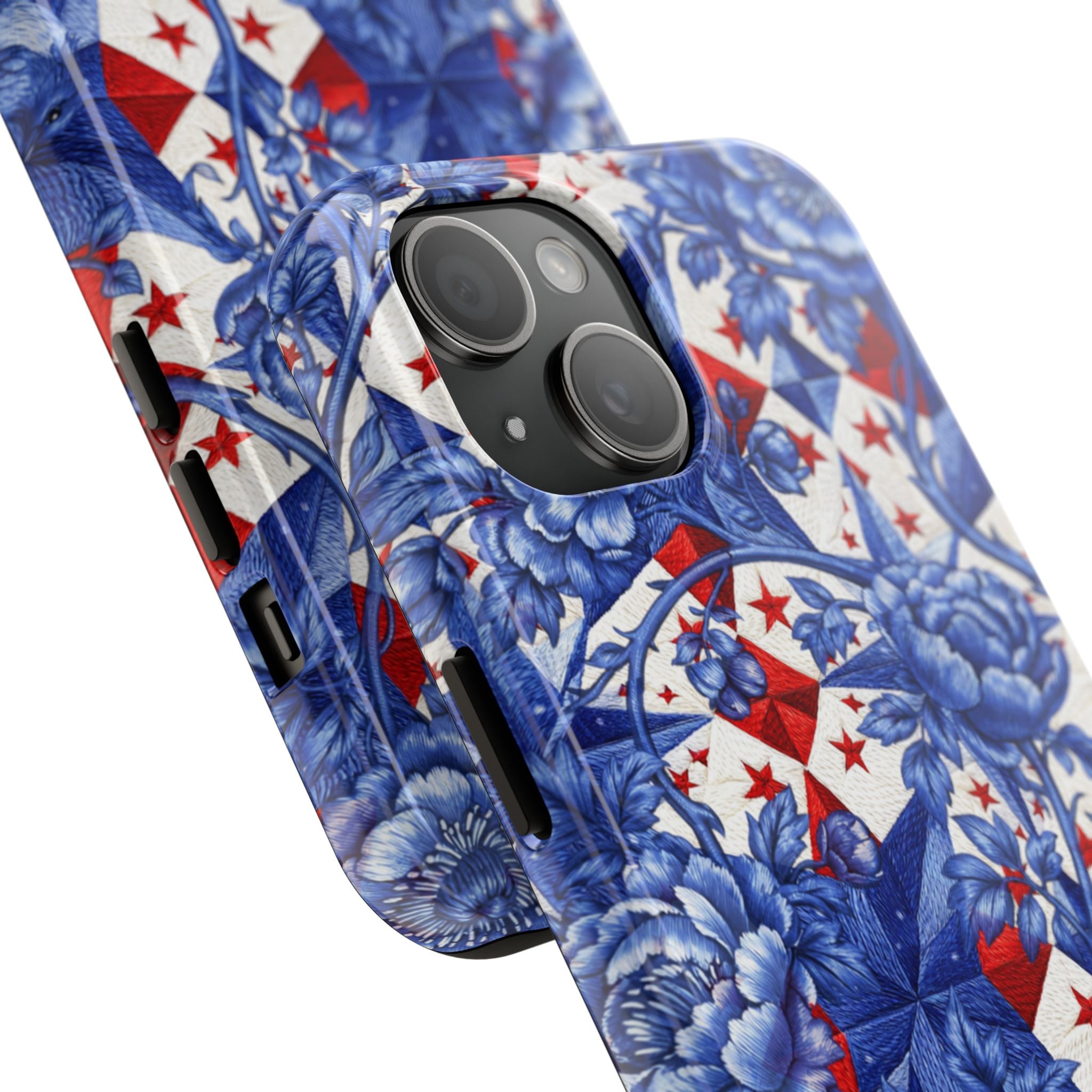 BLUESKYDEZIGN | America 250th Anniversary Phone Case | Blue Toile Floral Patriotic Star Patchwork iPhone Cover