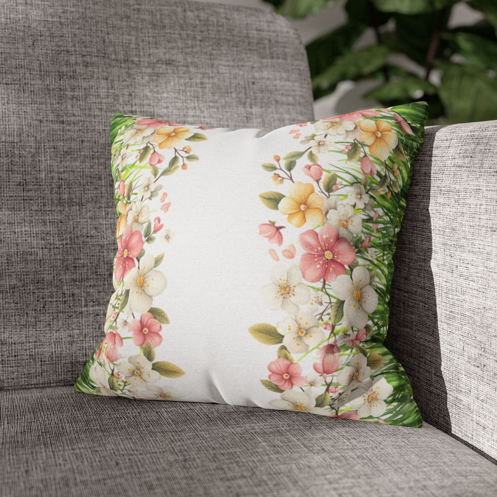 Spring Floral Pillowcase 1piece, Polyester Cushion Cover, Green Grass Border with Pink  White Flowers, Spring Home Decor