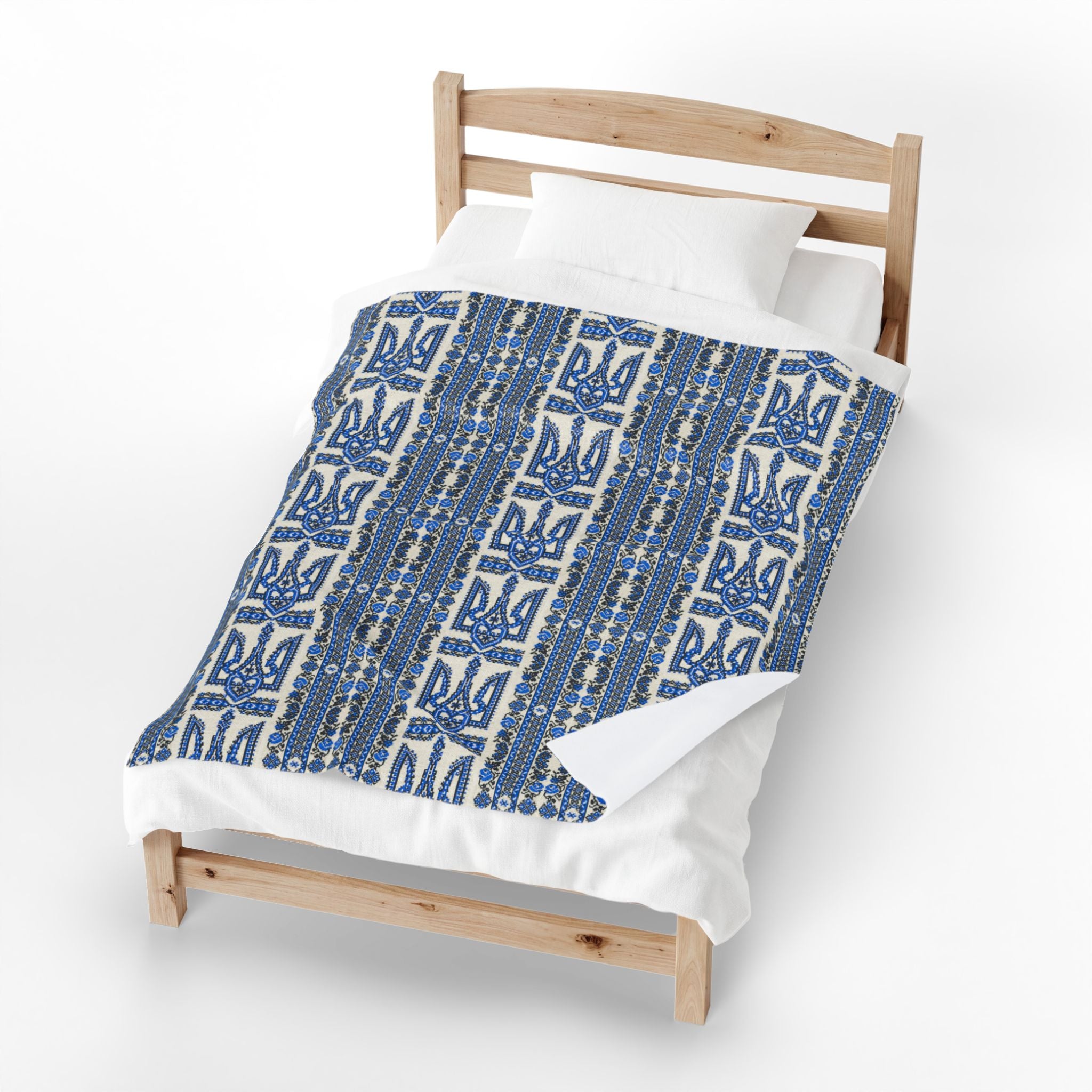 Ukrainian Trident Blue Velveteen Blanket | Tryzub Folk Throw | Artist-Designed