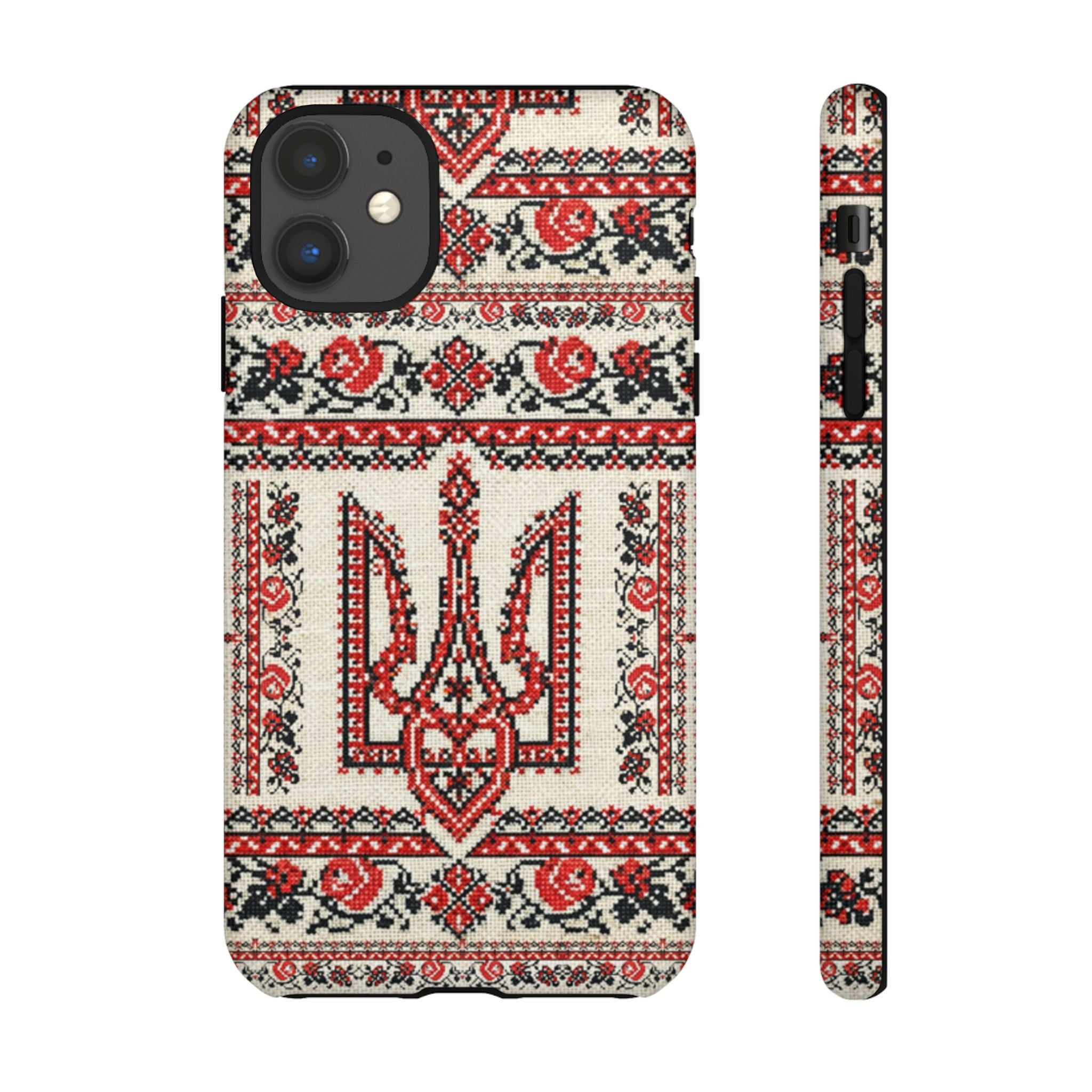 Ukrainian Trident Embroidery Phone Case • Red Black Trident Pattern • Protective Folk Art Cover for iPhone & Samsung
