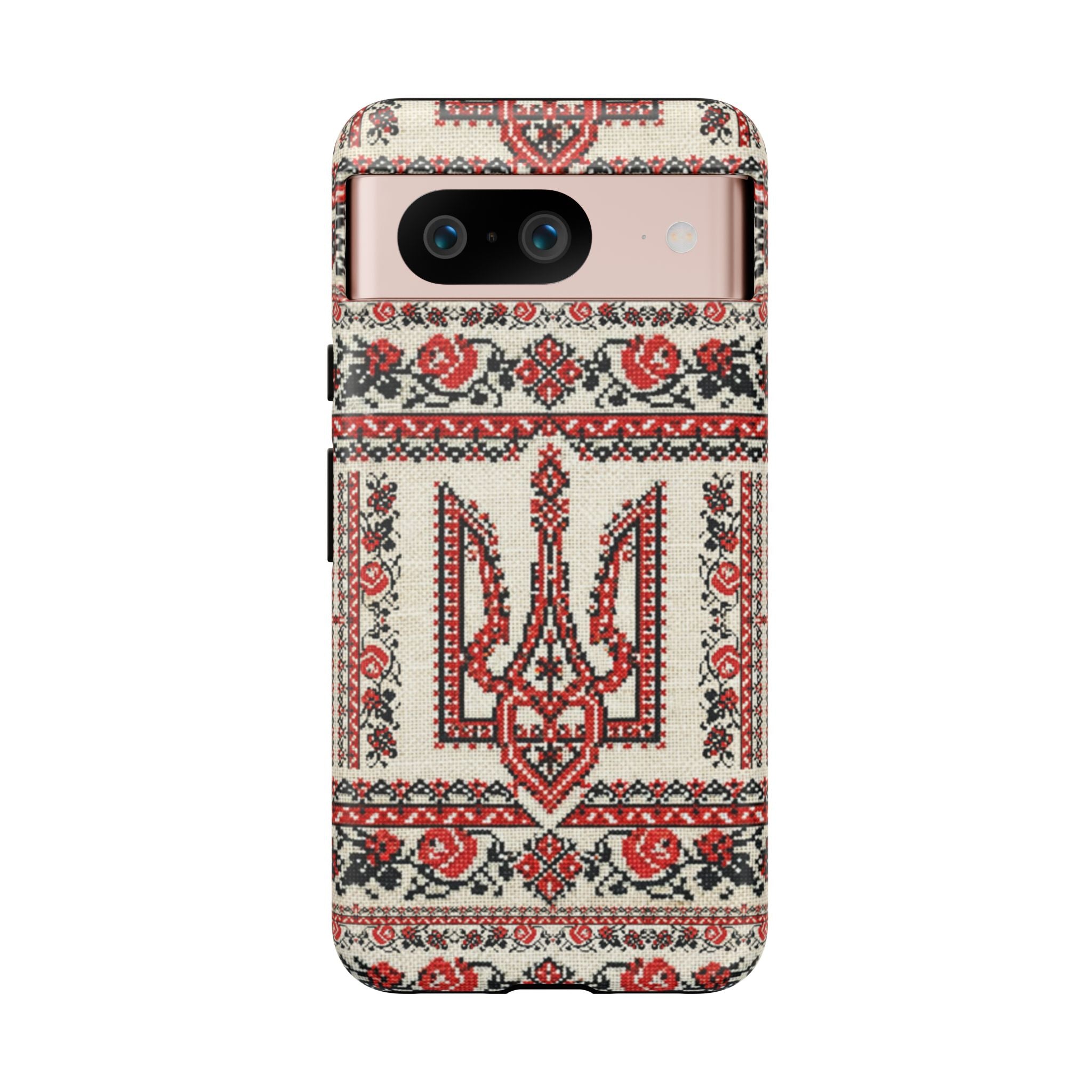 Ukrainian Trident Embroidery Phone Case • Red Black Trident Pattern • Protective Folk Art Cover for iPhone & Samsung