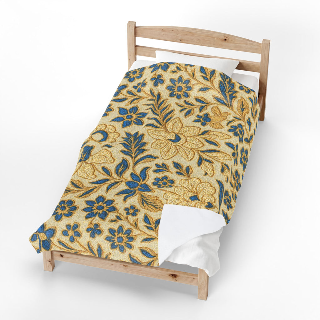 William Morris Floral Velveteen Blanket | Gold & Blue Botanical Plush Throw | 3 Sizes