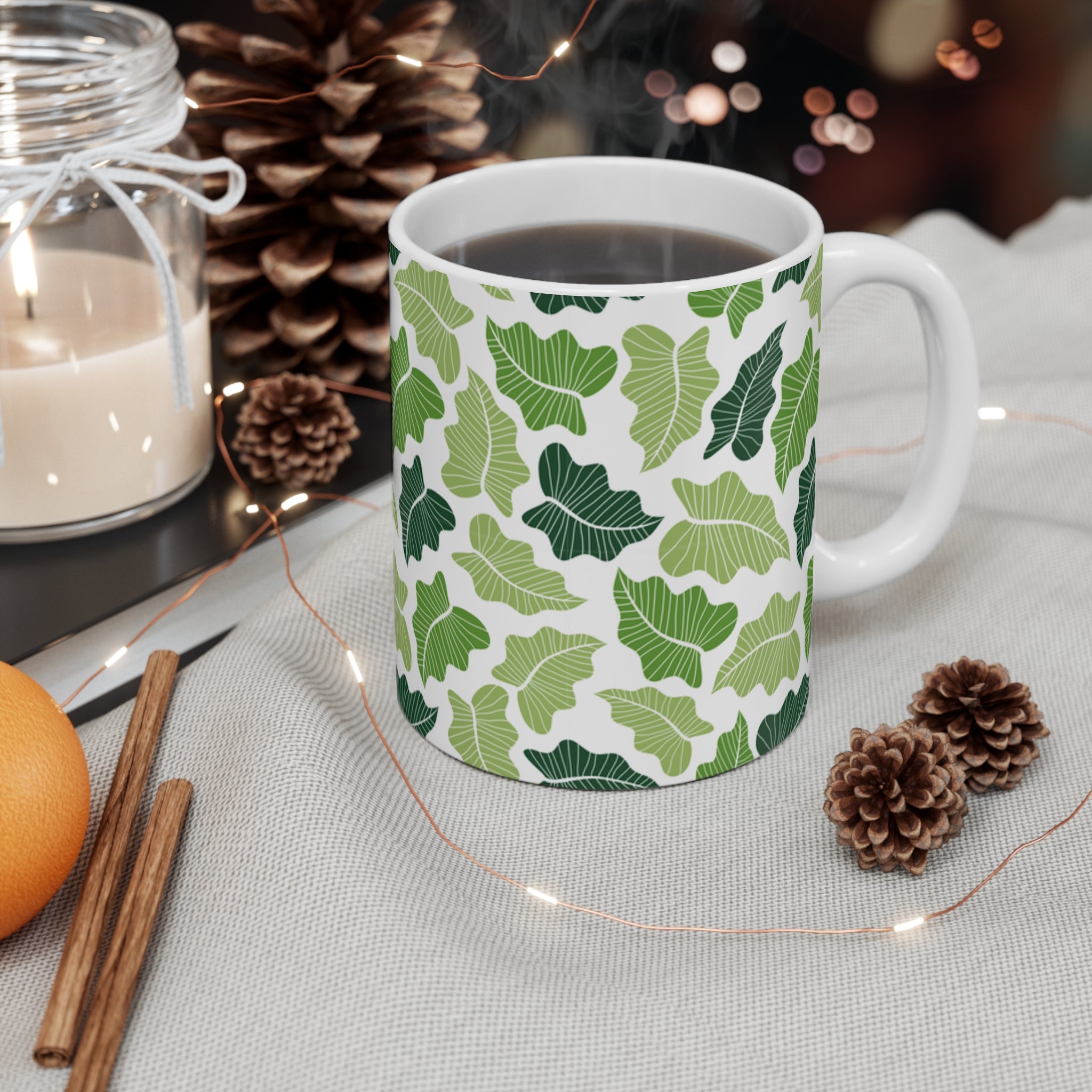 Green Leaf Pattern Mug, Botanical Leaves Ceramic Coffee Cup, Home Decor, Gift for parents housewarming, cottage core 11oz Mug