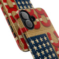 Rooted Knot tough phone case with American flag horseshoe and star-block patriotic design — deep indigo and weathered scarlet vintage Americana pattern, dual-layer shockproof iPhone cover

