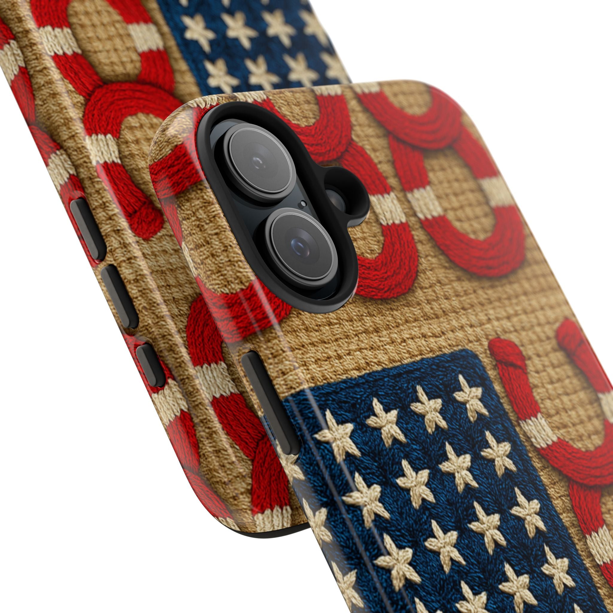 Rooted Knot tough phone case with American flag horseshoe and star-block patriotic design — deep indigo and weathered scarlet vintage Americana pattern, dual-layer shockproof iPhone cover

