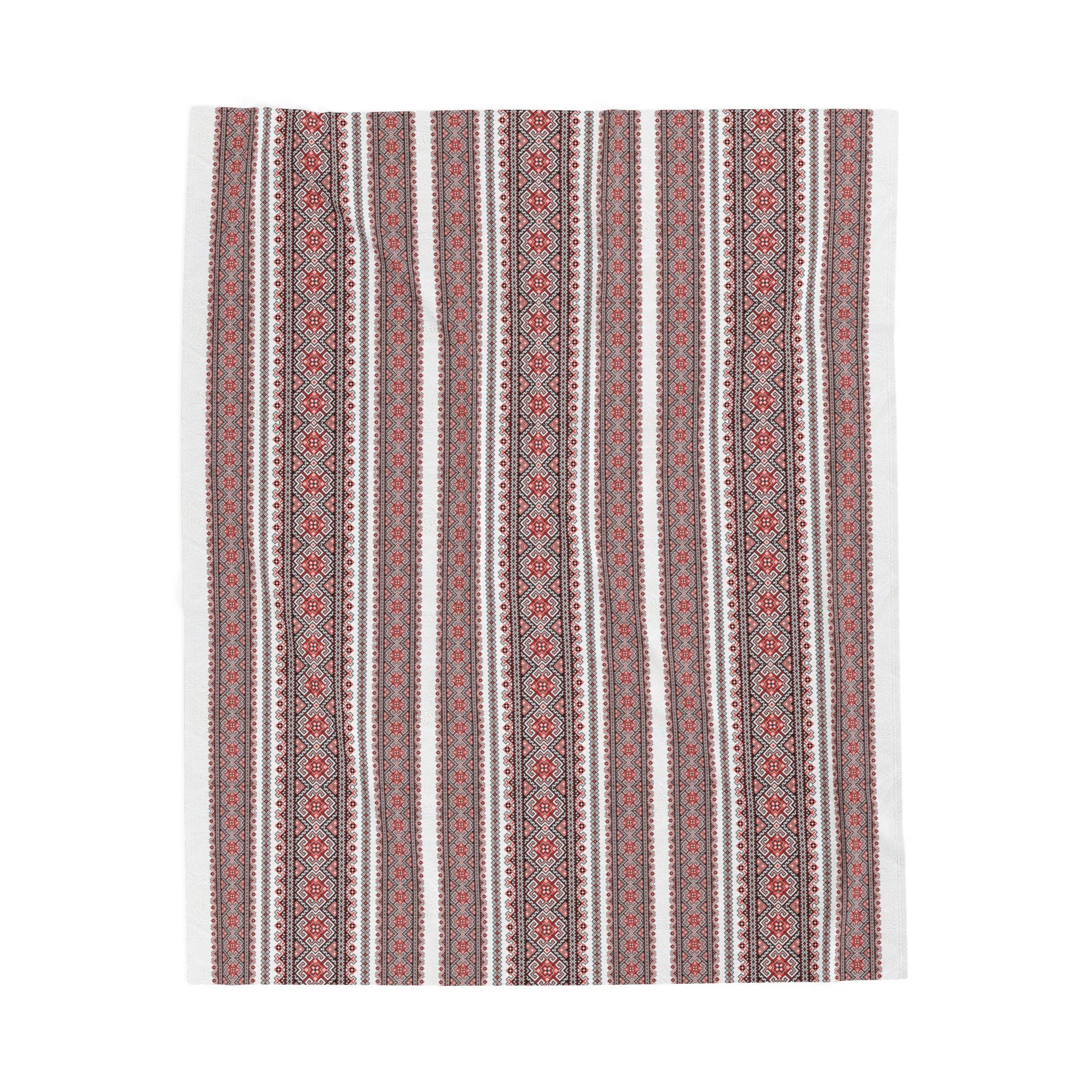 Velvet Plush Ukrainian Blanket, Red Black Folk Pattern, Soft Cozy Throw in 3 Sizes, Traditional Slavic Geometric Design