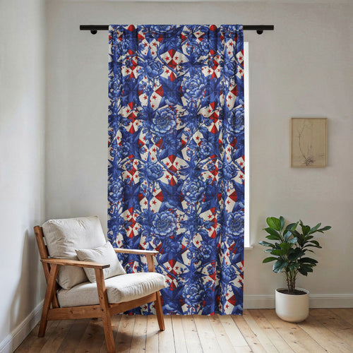 Sheer window curtain featuring a blue toile-inspired floral pattern over red patriotic stars, part of the America 250th Anniversary collection.