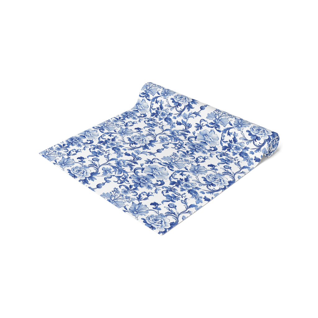 BLUESKYDEZIGN Blue Floral Tile Table Runner - Delft Porcelain Inspired Decor
