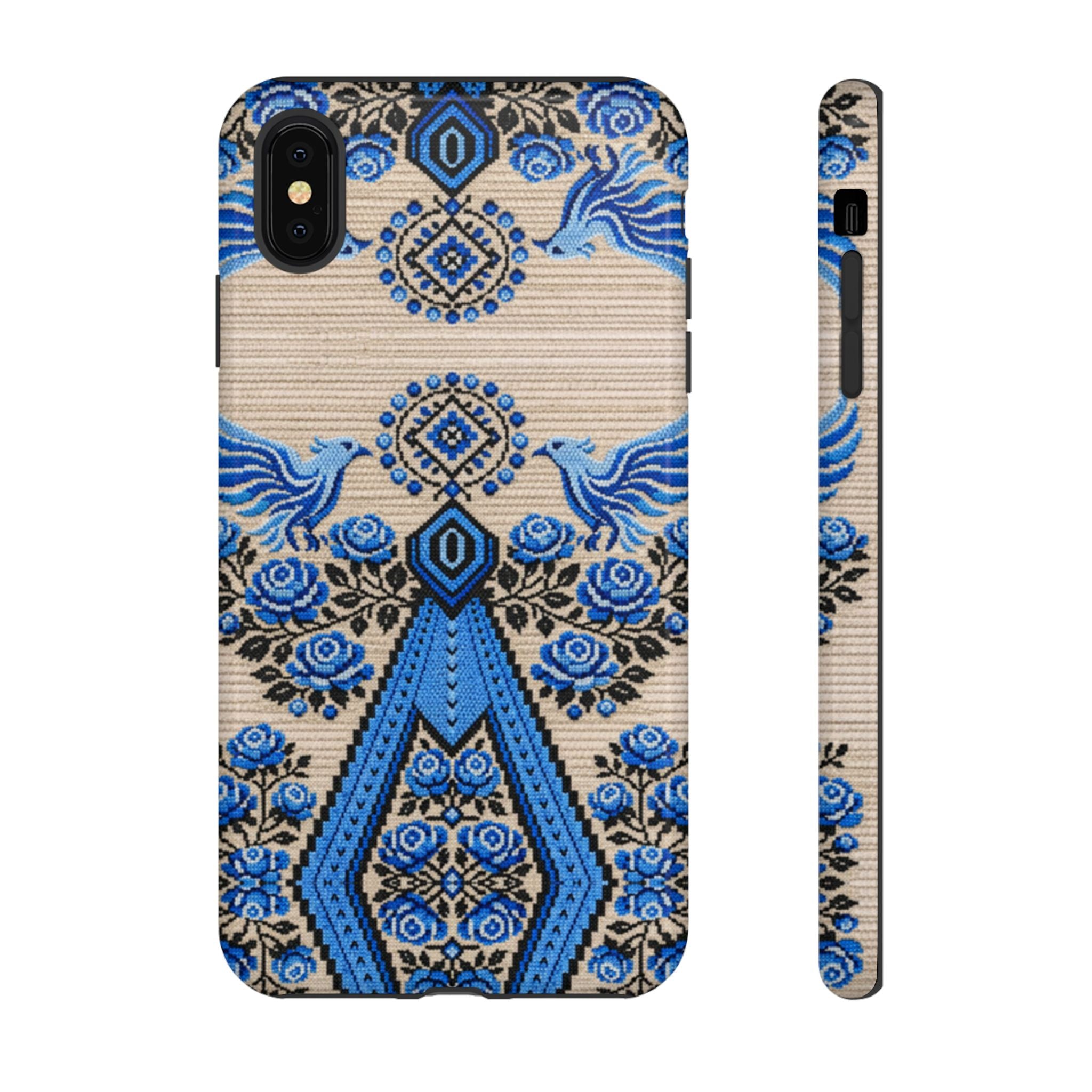 Ukrainian Phone Case  Blue Black Berehynia Design, Falcons & Roses Folk Art, Slavic Embroidery Style Protective Cover