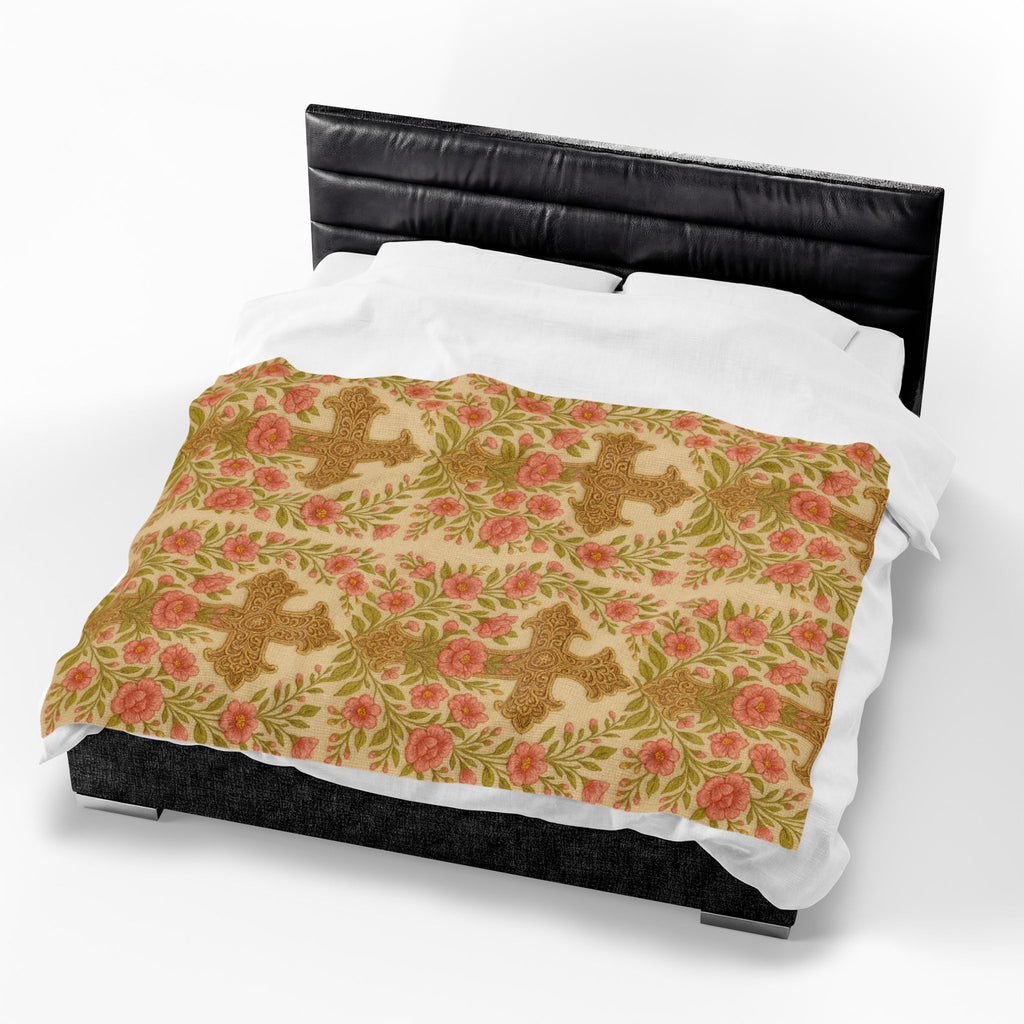 BLUESKYDEZIGN Blessed Home Floral Cross Plush Blanket | Vintage Rose Religious Throw | Soft Velveteen | 3 Sizes