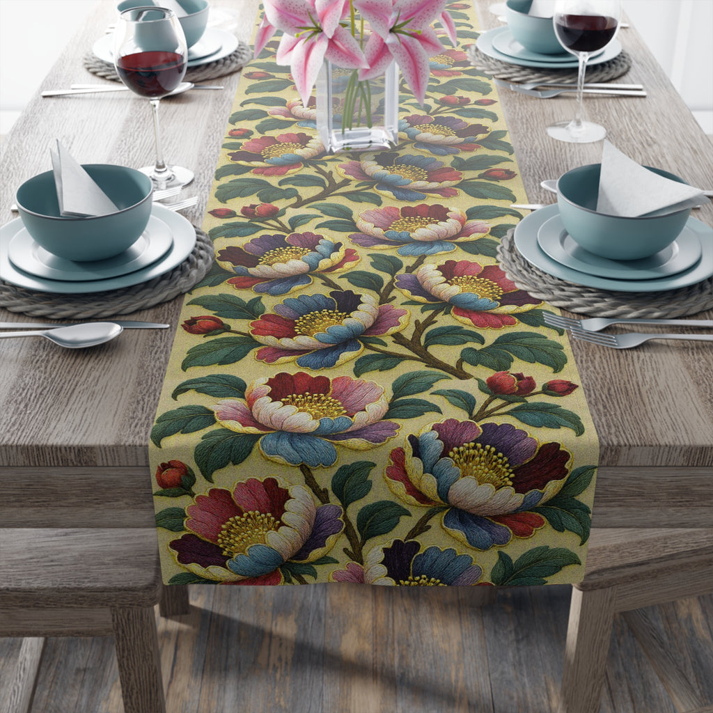 BLUESKYDEZIGN | Petrykivka Bloom Peony Table Runner | Ukrainian Folk Art Dining Decor | Embroidered Look | Cotton or Polyester