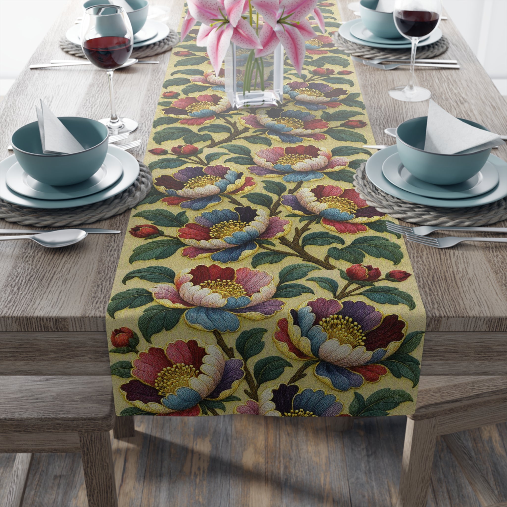 BLUESKYDEZIGN | Petrykivka Bloom Peony Table Runner | Ukrainian Folk Art Dining Decor | Embroidered Look | Cotton or Polyester