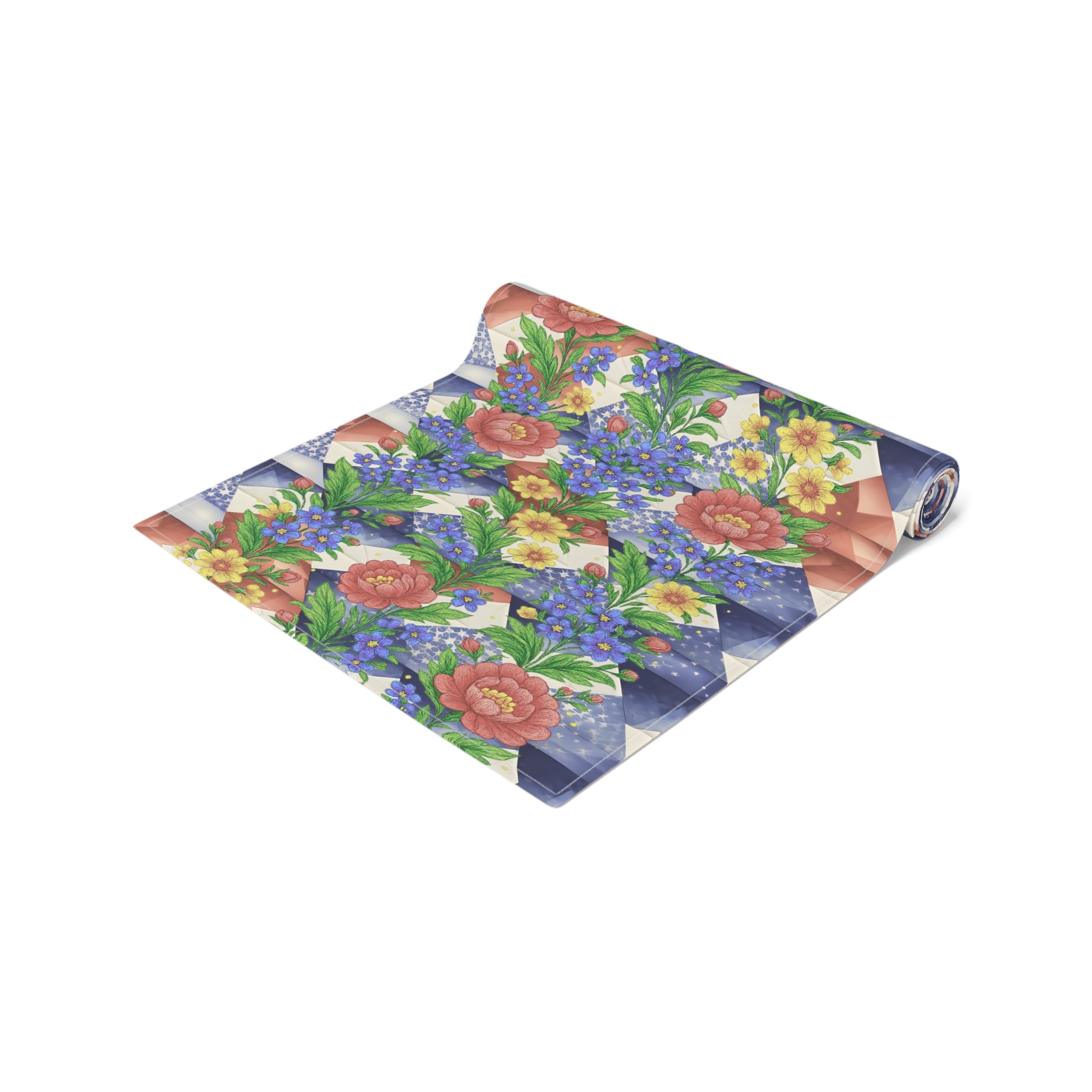 American Cozy Floral Table Runner - Patriotic Blue Geometric & Rose Bouquet Decor