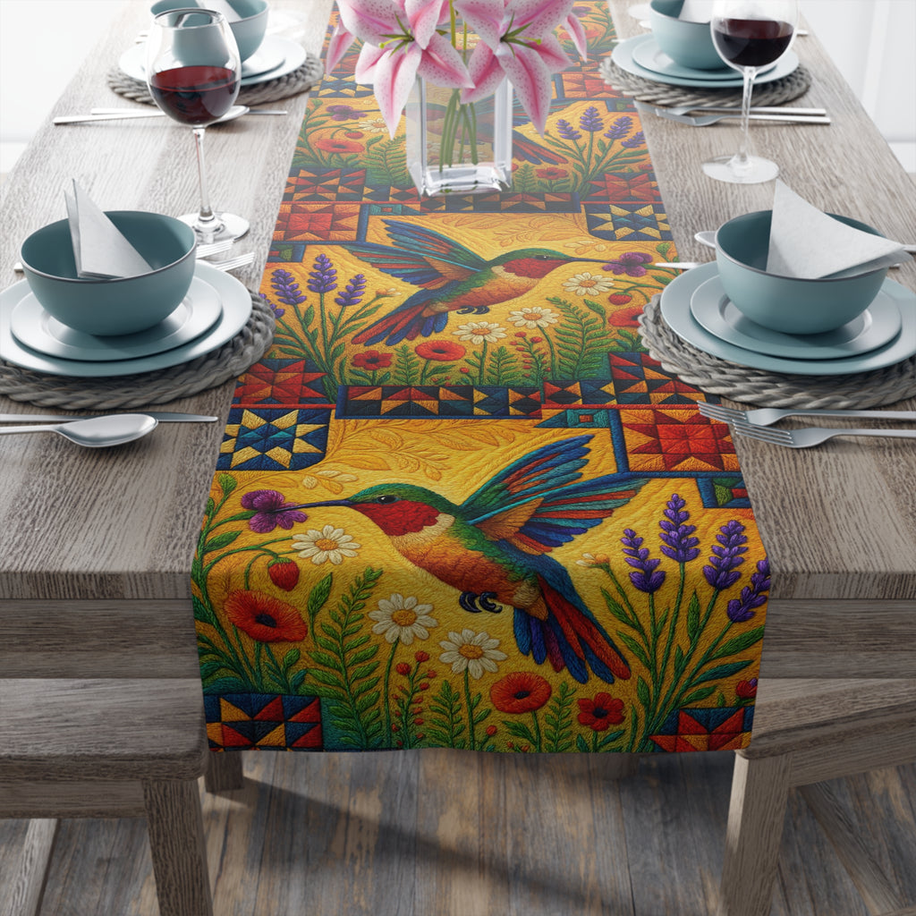 BLUESKYDEZIGN | Hummingbird Table Runner | Folk Art Floral Dining Decor | Cotton or Polyester | Farmhouse Kitchen Gift